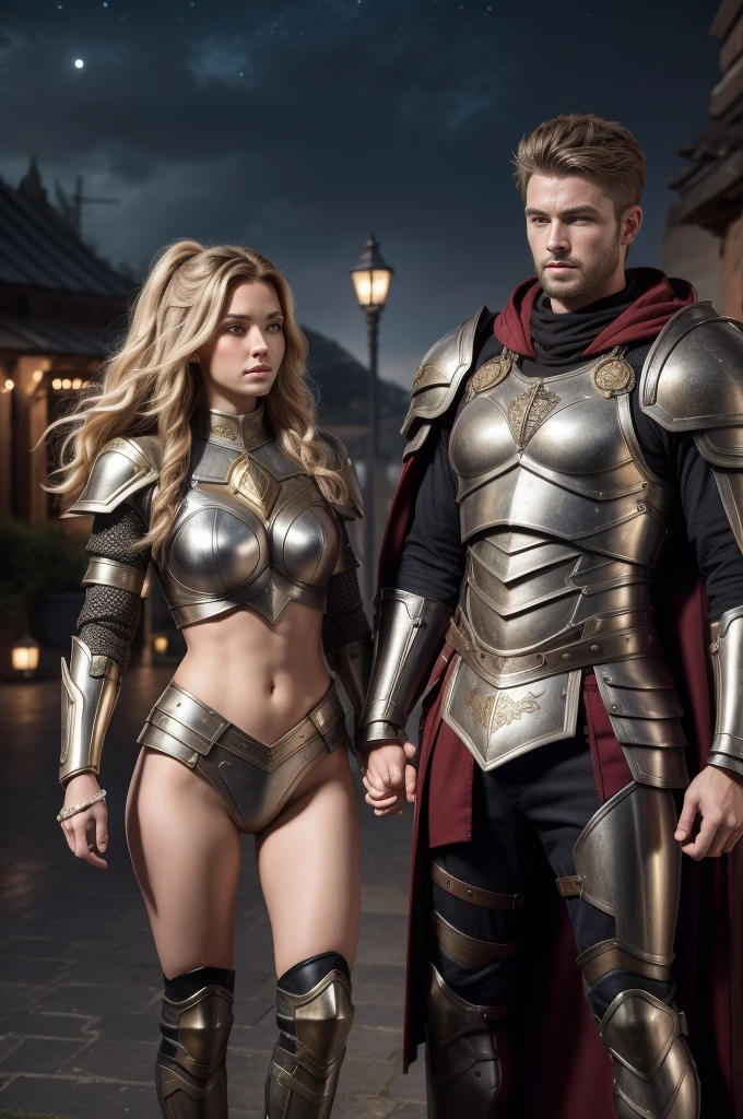 highly detailed ，8k , highest quality, Absurd，（original photo：1.6），((male and female couple:1.3))、standing、（The sexy girl is wearing armor、huge 、Extra large、huge cleavage、long legs：1.3）（The boy is wearing armor、muscular boy、abdominal muscles：1.6），Complex structure，extremely high detail，8K quality，sense of reality，night，real background，Very detailed background details