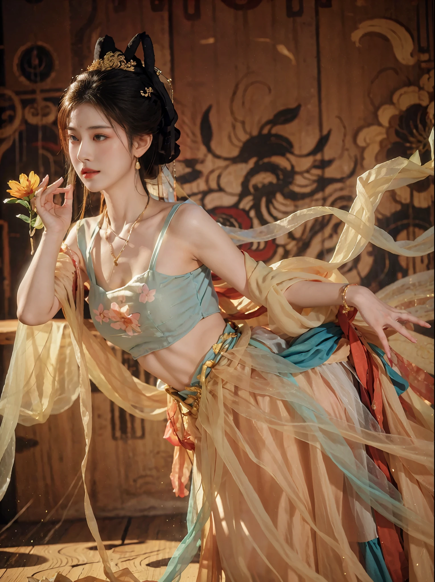 top quality, masterpiece, 超high resolution, (lifelike: 1.4) 1 girl, beautiful_Face, delicate skin, Full body female love, jewelry, alone, earrings, (Tuesday: 1.3), vague, actual, lips, Dunhuang style, (tangled: 1.2), (flower: 1.4), big breasts, Exposed belly, thin, Big deal, ancient, top quality, masterpiece, Very detailed, high resolution, 8k, intricate details, actual, lifelike, dramatic lighting, 1 girl, Dunhuang_clothing, Dunhuang_skirt, 部分被clothing覆蓋, (view: 1.3), 透過薄thin面紗, Breasts can be seen at a glance, Create attractive and suggestive effects, Get a glimpse of the contours of her skin and breasts, dance