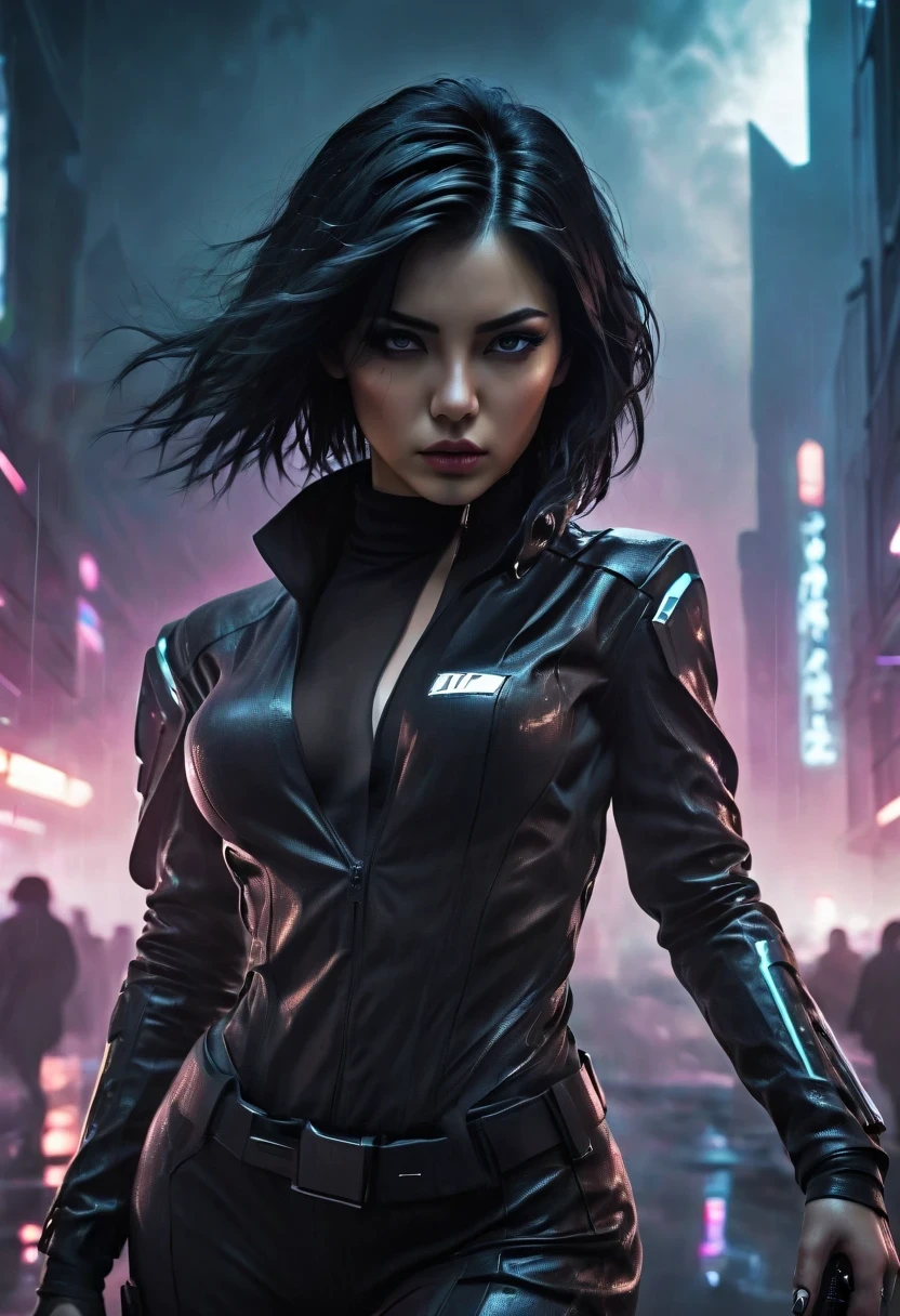 rainy night，future female agent, His face is very determined, intense gaze, shiny black hair, Detailed futuristic silver pistol,,wearing black suit,, Stylish and well-fitting, dynamic action poses, Light, futuristic city background, neon Lights, Sci-fi atmosphere, strong shadow, smoke and fog, High-tech products, 神秘的Light环