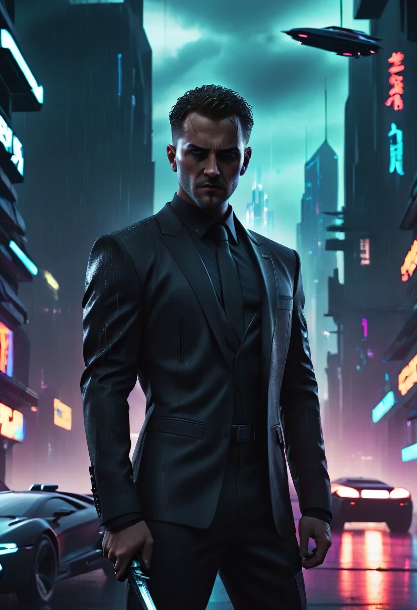 rainy night，as.H.I.and.L.d. agent., black eyes, There is a sword on his back, wearing black suit, 站在霓虹灯and飞行汽车的未来城市景观前, 8k, cyberpunk，sharp focus, (subsurface scattering:1.1), Winning photo, Full body image:1.1, Serious, Scary expression, dramatic lighting,his lips tightly closed,andyes are nervous. The situation is dangerous and serious. colored. hazy atmosphere. 充满神秘and阴谋的气氛. cyberpunk,