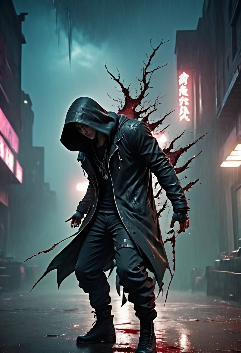 sh4g0d 风格cyberpunk特工,There is a sword on his back, Wearing a black hooded jacket, ，(Strong dynamic stance:1.5)，(struggle:1.3)，(blood spatter)，Strong，His face is very determined，rainy night，rainstorm，hazy atmosphere. An atmosphere full of mystery and intrigue. cyberpunk, 8k, super detailed, precise, best quality