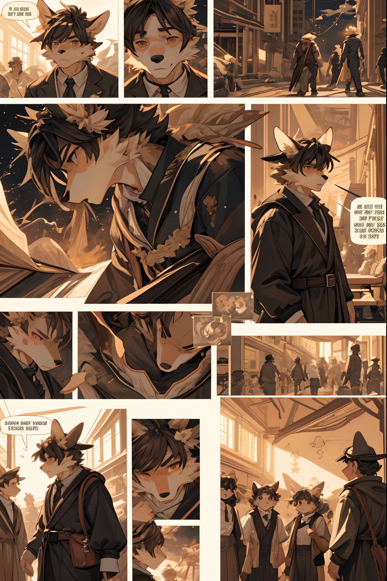 top quality, best quality, highres, masterpiece, super high resolution, detailed background, School, class, 6+boys, 6+girls, absurdres(highly detailed beautiful face and eyes)perfect anatomy, good lighting, cinematic shadow(kemono, furry anthro)assorted expressions, assorted poses, assorted angles, full body, upper shot, dynamic angle,(girls comic-like panel layouts, speech balloon, English text, Hand-drawn sound effects stickers used in girls comic),