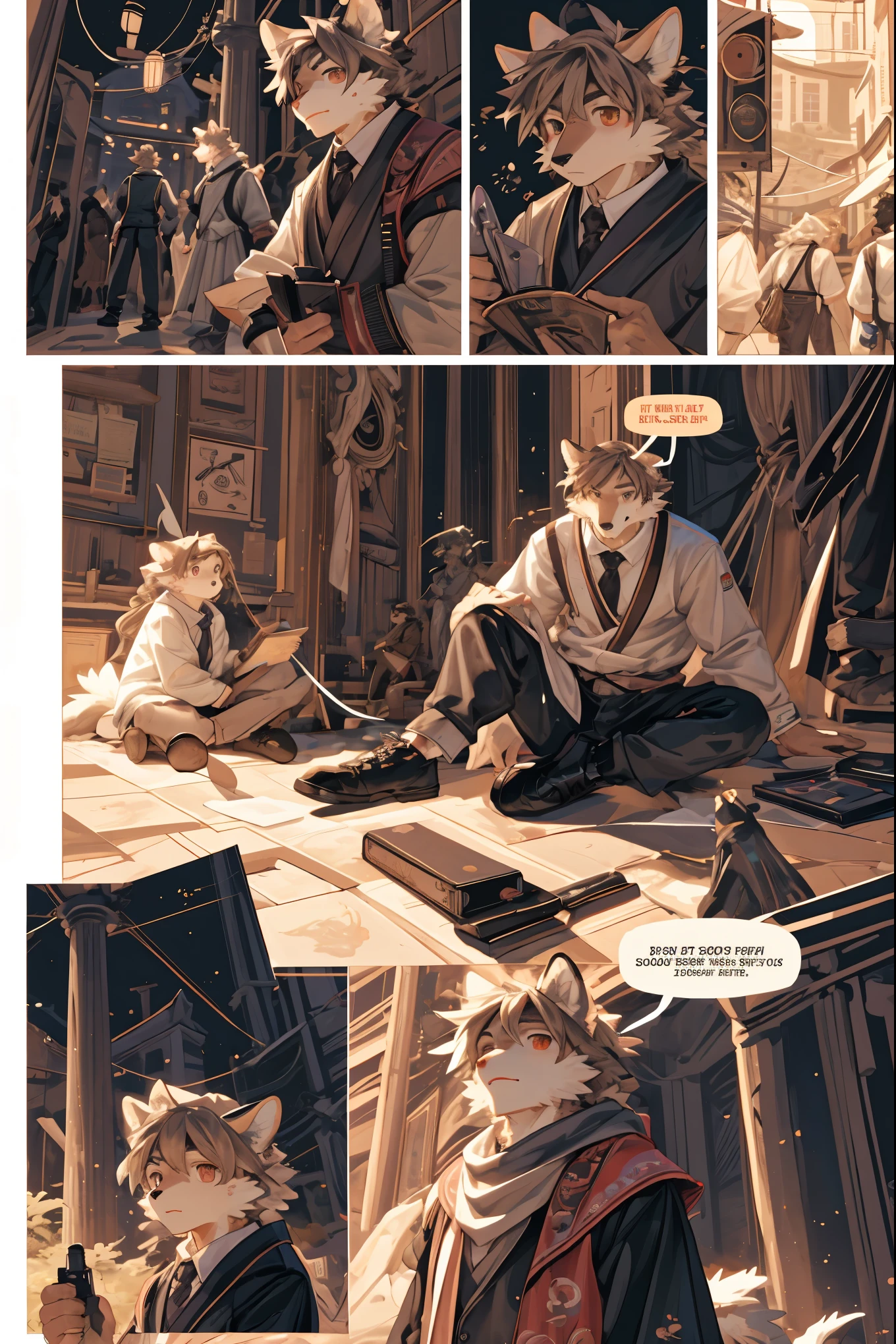 top quality, best quality, highres, masterpiece, super high resolution, detailed background, School, class, 6+boys, 6+girls, absurdres(highly detailed beautiful face and eyes)perfect anatomy, good lighting, cinematic shadow(kemono, furry anthro)assorted expressions, assorted poses, assorted angles, full body, upper shot, dynamic angle,(girls comic-like panel layouts, speech balloon, English text, Hand-drawn sound effects stickers used in girls comic),