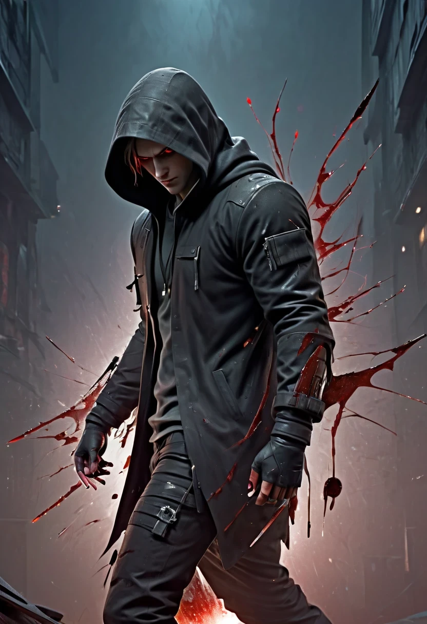 sh4g0d风格赛博朋克特工,There is a sword on his back, Wearing a black hooded jacket, ,(Strong dynamic stance:1.5),(struggle:1.3),(blood spatter),Strong,His face is very determined, 8k, super detailed, precise, best quality