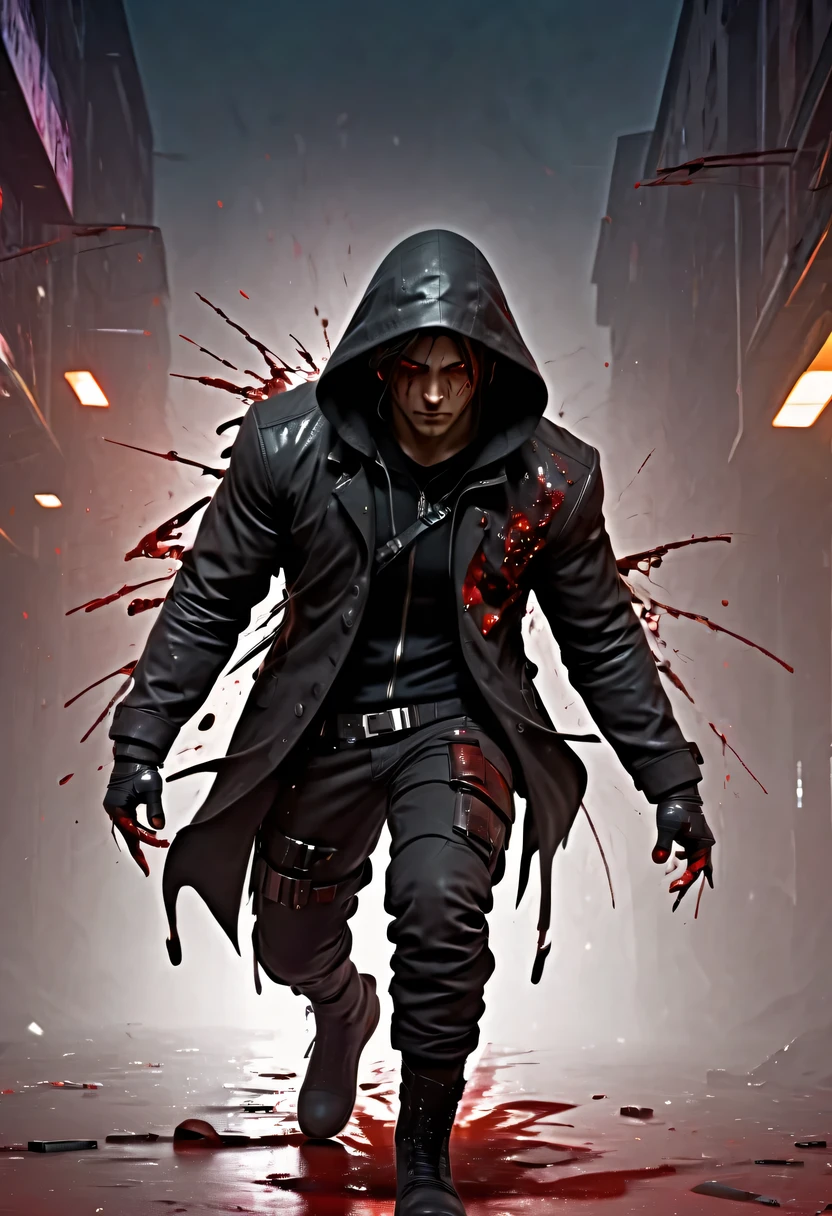 sh4g0d风格赛博朋克特工,There is a sword on his back, Wearing a black hooded jacket, ,(Strong dynamic stance:1.5),(struggle:1.3),(blood spatter),Strong,His face is very determined, 8k, super detailed, precise, best quality