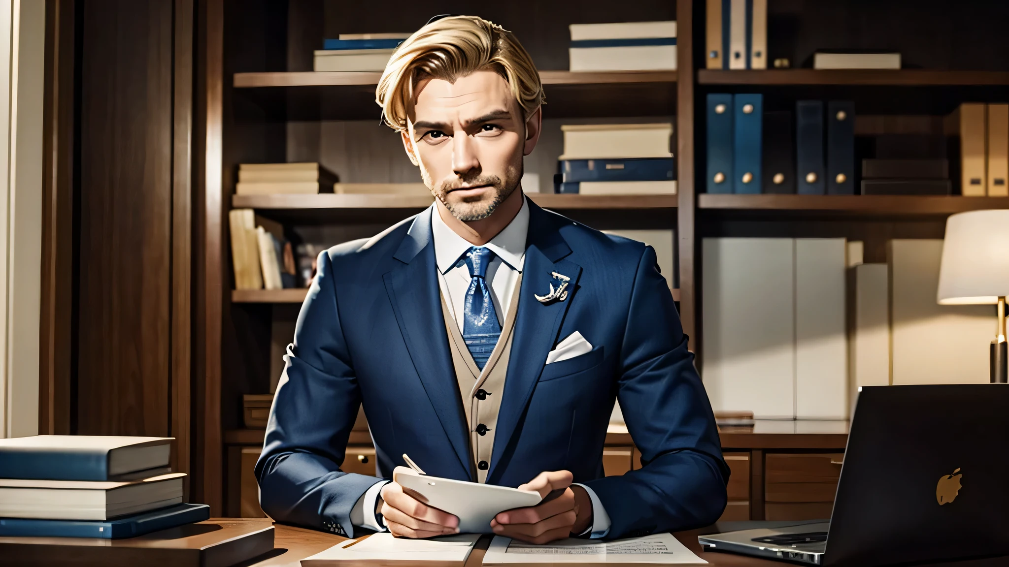 Distinguished gentleman in a royal blue three-piece suit sitting at an elegant office desk., his laptop is open in front of him. Its short, blonde hair neatly styled, and the light from the window casts a warm glow on his face. The cabinets behind him are filled with carefully arranged folders containing important documents...