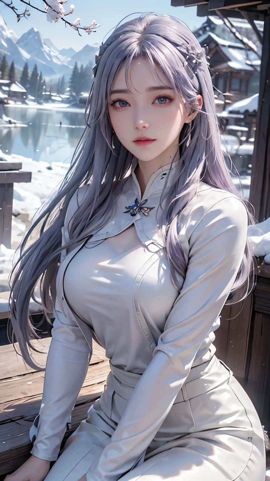((logo、masterpiece、8k、table top、RAW photo、wonderful、最high quality、フォトリアリスティックでvery detailedな CG 統合 8k 壁紙、high quality、very detailed、Narrative poem、particle effects、dynamic effects、written boundary depth、cinematic light、Lens flare、ray tracing、table top、realistic:1.4、超A high resolution:1.2、realistic、realistic))、fantasy、anatomically correct、((alone、1 female、show viewer、detailed face、light purple hair、medium long hair、髪がWindで踊る、hair jump))、halter neck、white leather pants、white leather jacket、silver earrings、night、Wind、darkness、雪とhoarfrost、very cold winter day、snow-capped mountainや森、hoarfrost、snow-capped mountain々、The beauty and brilliance of frost-covered trees、Serenity and beauty meadow of ice and snow world、vast land、Lakeside、wonderful景色、美しい自然のWind景、night空、Wind、cherry blossoms、cherry blossomsの花びらが舞っている、cherry blossoms吹雪、falling petals
