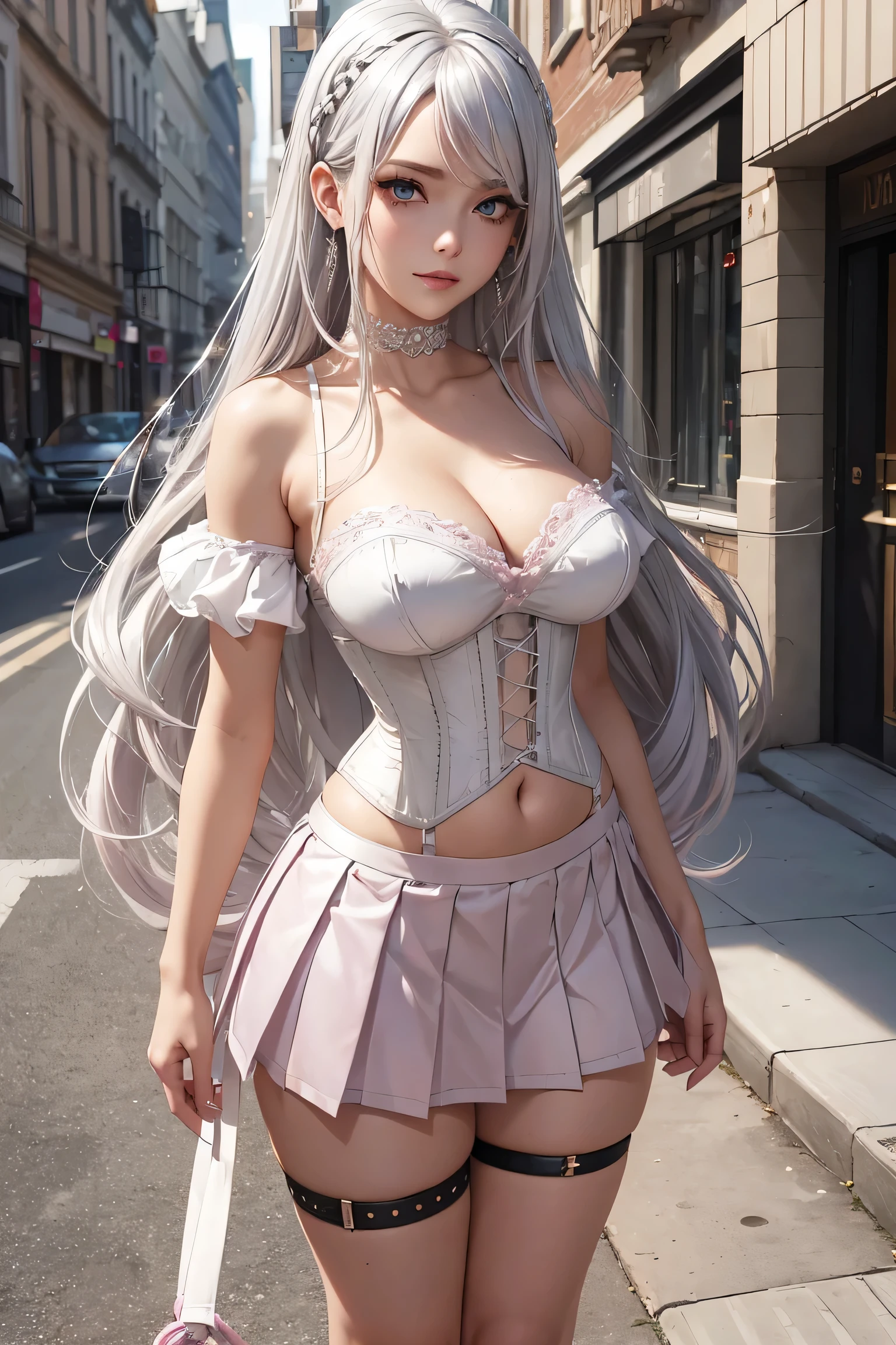 masterpiece, best quality, 1girl, solo, (silver hair:1.3), (light pink hair:1.2), narrow waist, (slim:1.2), (large breasts:1.2), thick thighs, wide hips, straight hair, forehead, (gradient hair:1.3), blue eyes, standing, long hair, looking at viewer, female, tall female, choker, thigh strap, (eyeliner:1.2), eyeshadow, (street:1.2), outdoors, scenery, upper body, (white corset:1.3), navel, midriff, cleavage, curvy, (very long hair:1.1), (pleated skirt:1.3), earrings, bare legs, sandals, mini skirt, pink skirt, smirk