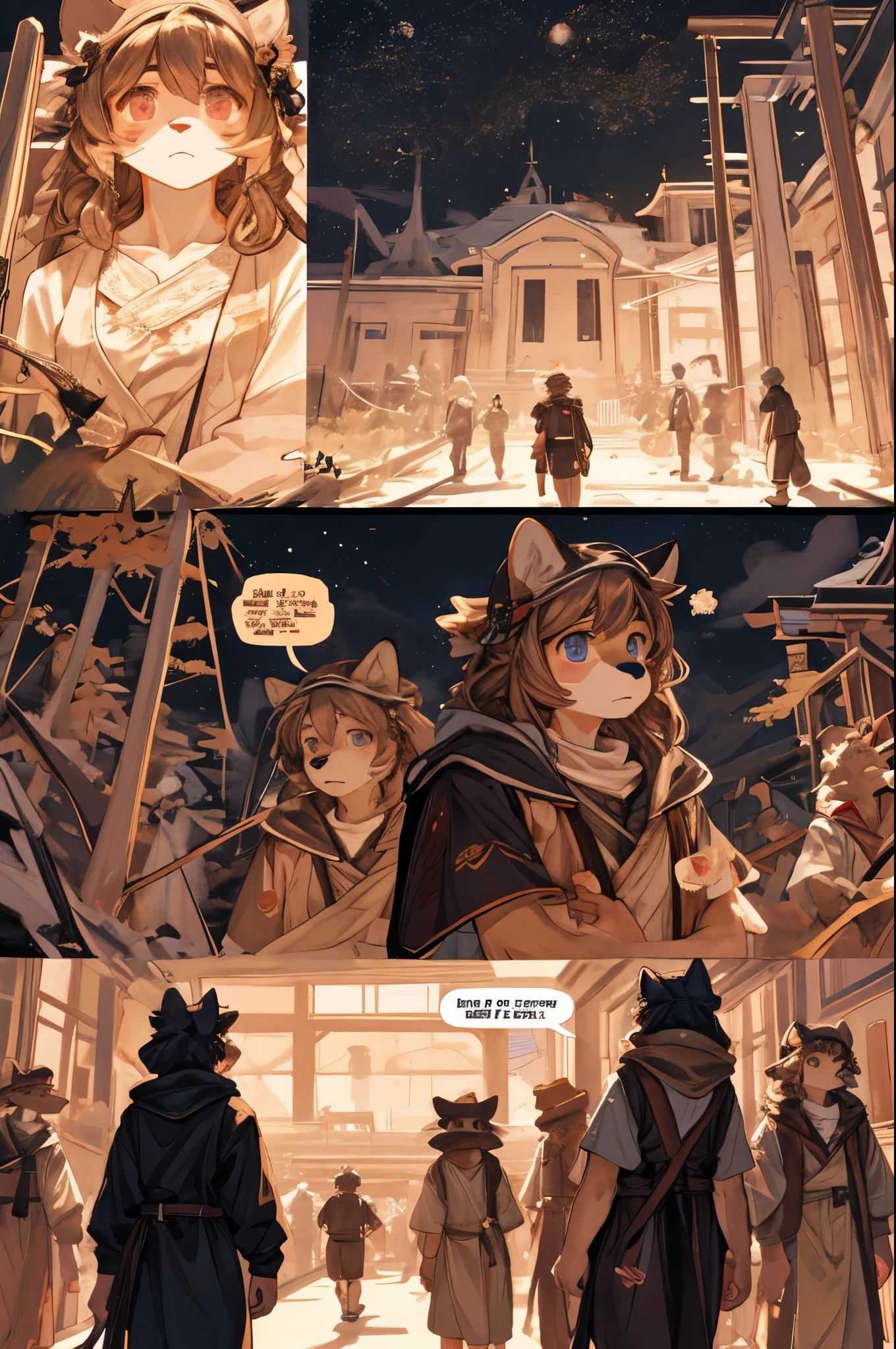top quality, best quality, highres, masterpiece, super high resolution, detailed background, School, class, 6+boys, 6+girls, absurdres(highly detailed beautiful face and eyes)perfect anatomy, good lighting, cinematic shadow(kemono, furry anthro)assorted expressions, assorted poses, assorted angles, full body, upper shot, dynamic angle,(girls comic-like panel layouts, speech balloon, English text, Hand-drawn sound effects stickers used in girls comic),