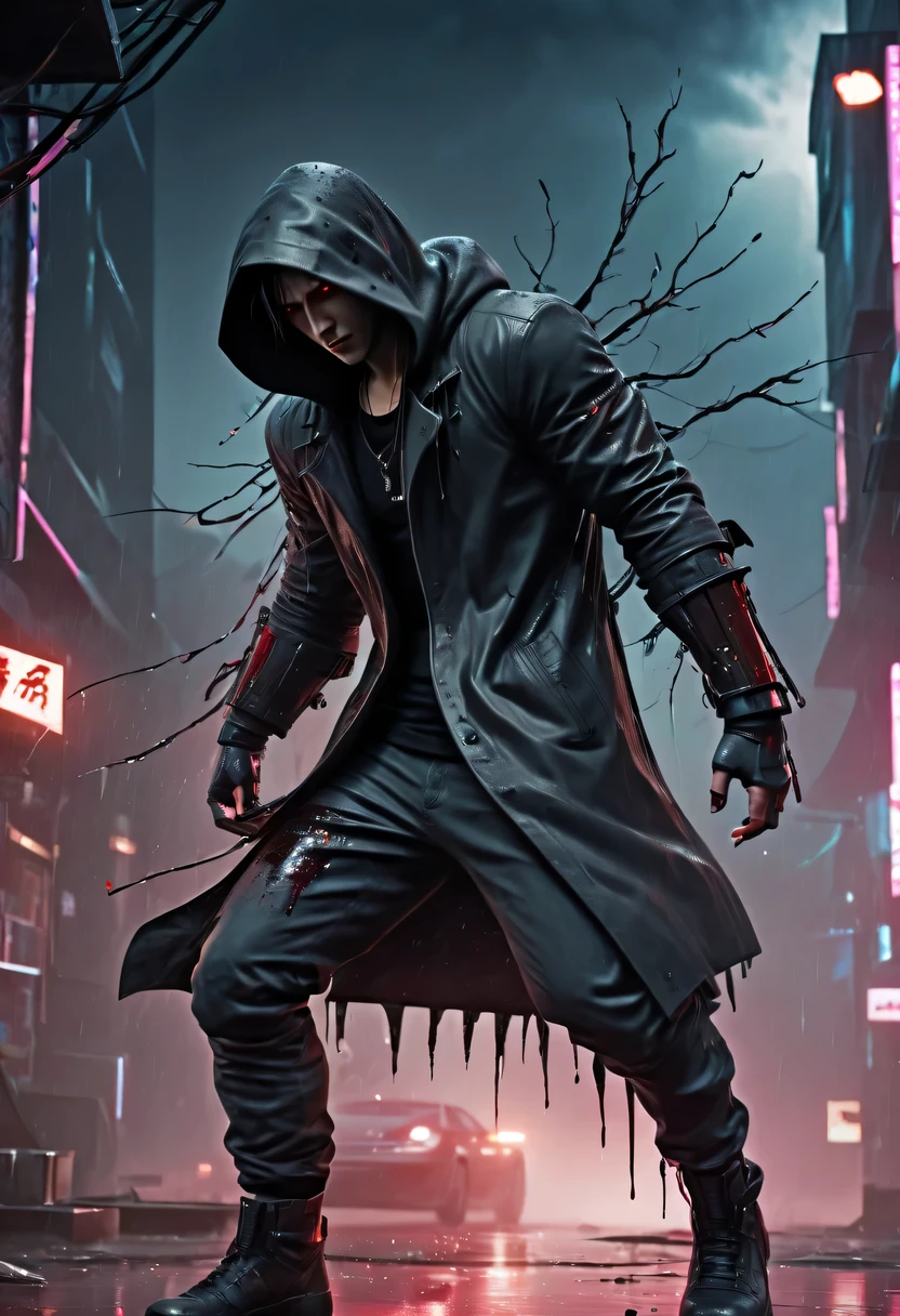 sh4g0d 风格cyberpunk特工,Wearing an elegant black hooded jacket，(Strong dynamic stance:1.5)，(struggle:1.3)，(blood spatter)，Strong，His face is very determined， 8k, super detailed, precise, best quality，rainy night，rainstorm，hazy atmosphere. An atmosphere full of mystery and intrigue. cyberpunk, 8k, super detailed, precise, best quality