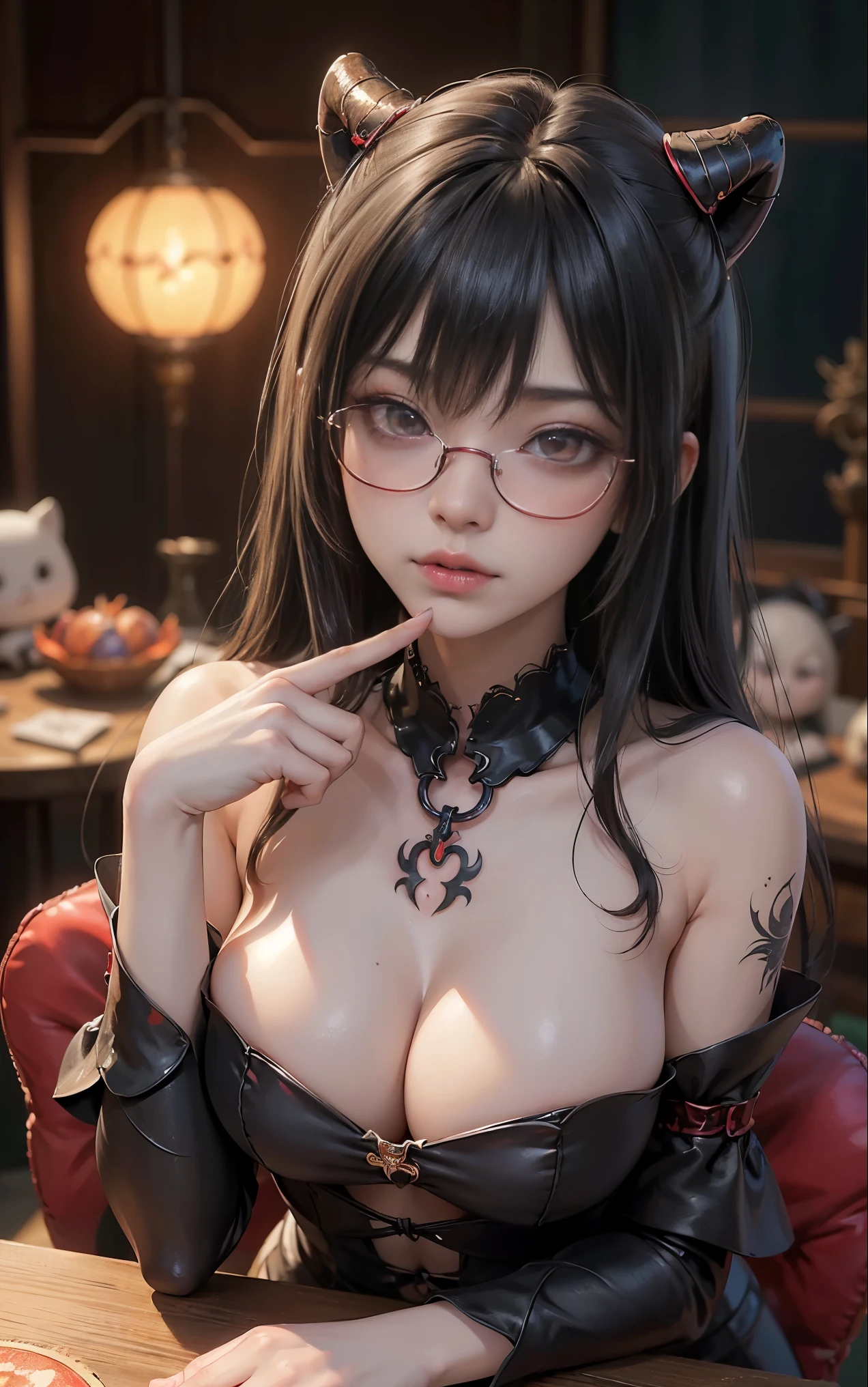 got itですかですか、(best illustrations)、8k UHD resolution、intricate details、highest quality、realistic、Super detailed、best lighting、best shadow、soft lighting、ultra hd、超realistic、Tyndall effect、Photoreal、(high detail skin:1.2)、 (intricate details, compensate, face to face with the children_v1:0.5), (got it, beautiful and delicate face, got itですか, beautiful and delicate eyes, perfectly proportioned face, high resolution skins, fine skin, Optimal ratio of 4 fingers and 1 thumb, arm under chest, red tattoo on lower abdomen、Wow wow, wide hips, smooth abdomen, thin and thin skin, __fashion__, __hair__:1.25)、Digital single-lens reflex camera、 absurd、(table top: 1.3), (maximum resolution: 1.2), (ultra hdTV: 1.2), cinematic light, fine eyes and skin, detailed facial features, , (sharp focus: 1.2), (focus on the face:1.2),perfect style, beautiful face, acura, anatomically correct, Highly detailed face and skin texture, fine eyes, double eyelid, thin eyebrows, glitter eyeliner: 1 natural cheeks, Glossy skin, Fair skin: 1.2, (glossy lips: 1.4),(embarrassed look: 1.2),Highly detailed face and skin texture, fine eyes, double eyelid, natural cheeks, glossy lips: 1.4,exposed cleavage、Bewitching。charm、 Beautiful devil woman from hell, デヴィッド・ホックニーとアルフォンス・ミュシャによる超realistic女性の肖像画, charm女性の肖像画、fantasy art, Chinese humanoid robot、chinese actress、dungeon、dragon、devil'palace of、devil'torture chamber、night、dark style 、in the dark、(detailed spooky background:0.8), magic、 1 girl、evil nun、dark necromancer、Succubus、devil'Daughter of、Shinonome Umi、bat wings,(((devil'Horn)))、 ((((giant glasses, otaku glasses, thick glasses, round glasses)))),(((big breasts)))、(devil'tail)、(red eyesは光り輝いて:1.6)、red eyesは非常に鮮明で詳細です, your eyes are so beautifully made, ((red eyes:1.0)),intricate tattoo, demonic intricate tattoo, thigh tattoo, body tattoo, masterpiece、最もbeautiful face、baby face、cute smile、beautiful plump red lips、筋肉のcharm体、devilのcharm体、devil style、charmブラックマジックコスチューム、The long-haired、Braid、Black hair、Ponytail distortion、, Ponytail with a bow tied at the back of the hair, beautiful expression、body up、big breasts強調、bust, super tight chest, Breast augmentation surgery, Breasts are very big and round,tight waist、wide ass、 secret key, cowboy lens, (black phoenix dress: 1.0), devil crown, red gemstone necklace、Jewelry G Wise, Please wear black mesh socks,wearing light red、nffsw, nffsw, Meeting beautiful girls, look at the girl'Main body,