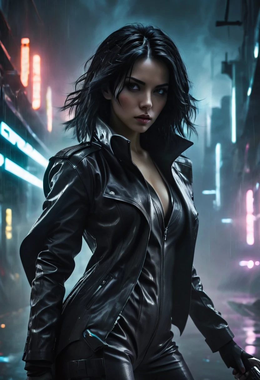 rainy night，future female agent, His face is very determined, intense gaze, shiny black hair, Detailed futuristic silver pistol,,wearing black coat,, Stylish and well-fitting, dynamic action poses, Light, futuristic city background, neon Lights, Sci-fi atmosphere, strong shadow, smoke and fog, High-tech products, 神秘的Light环