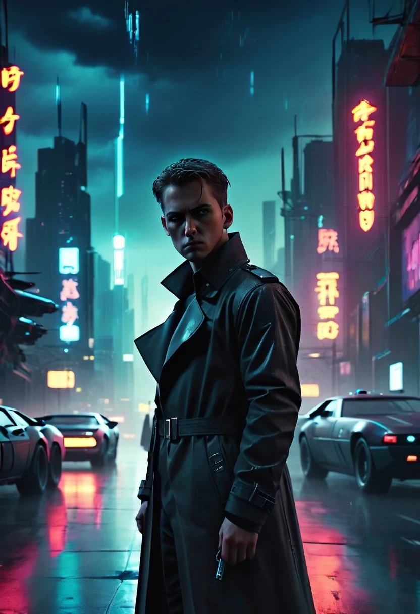 rainy night，as.H.I.and.L.d. agent., black eyes, There is a sword on his back, Wearing a black trench coat, 站在霓虹灯and飞行汽车的未来城市景观前, 8k, cyberpunk，sharp focus, (subsurface scattering:1.1), Winning photo, Full body image:1.1, Serious, Scary expression, dramatic lighting,his lips tightly closed,andyes are nervous. The situation is dangerous and serious. colored. hazy atmosphere. 充满神秘and阴谋的气氛. cyberpunk,