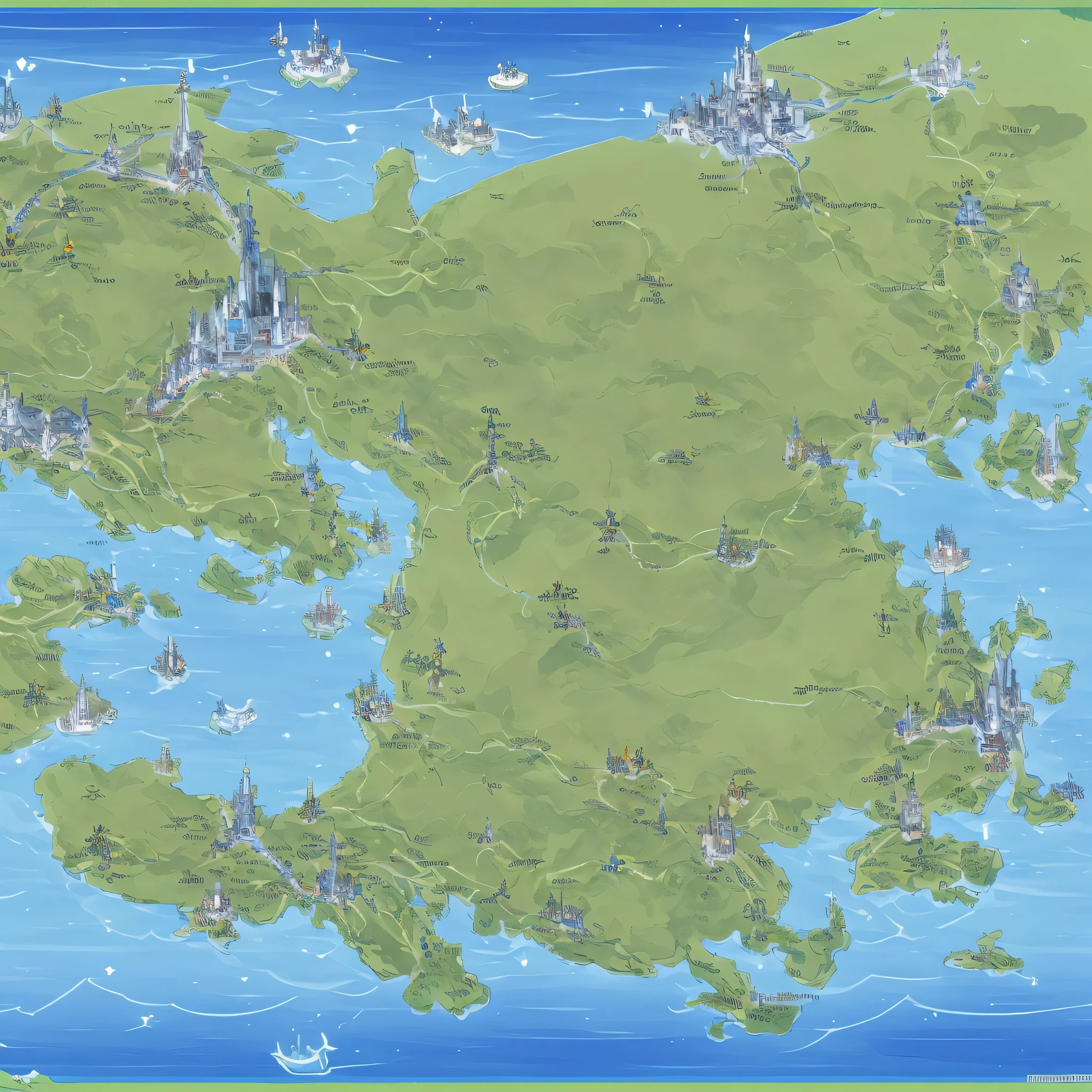 MMORPG anime fantasy game-map, map of game world, masterpiece, ready player one, swordart online, landmark castles and monuments, atlantis