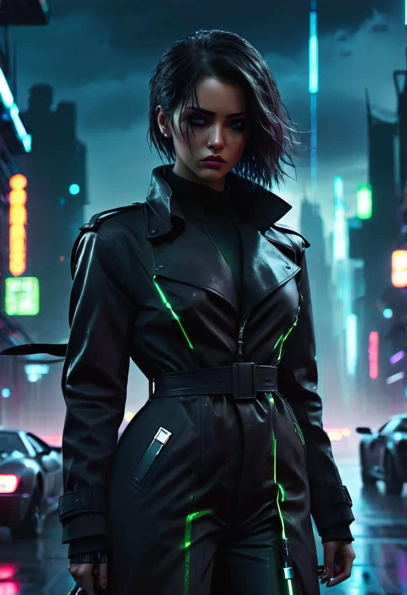 rainy night，as.H.I.and.L.d. agent., black eyes, There is a sword on his back, Wearing a black trench coat, 站在霓虹灯and飞行汽车的未来城市景观前, 8k, cyberpunk，sharp focus, (subsurface scattering:1.1), Winning photo, Full body image:1.1, Serious, Scary expression, dramatic lighting,his lips tightly closed,andyes are nervous. The situation is dangerous and serious. colored. hazy atmosphere. 充满神秘and阴谋的气氛. cyberpunk,