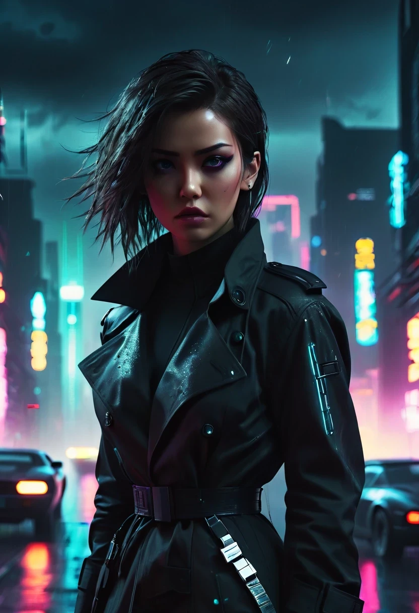 rainy night，as.H.I.and.L.d. agent., black eyes, There is a sword on his back, Wearing a black trench coat, 站在霓虹灯and飞行汽车的未来城市景观前, 8k, cyberpunk，sharp focus, (subsurface scattering:1.1), Winning photo, Full body image:1.1, Serious, Scary expression, dramatic lighting,his lips tightly closed,andyes are nervous. The situation is dangerous and serious. colored. hazy atmosphere. 充满神秘and阴谋的气氛. cyberpunk,