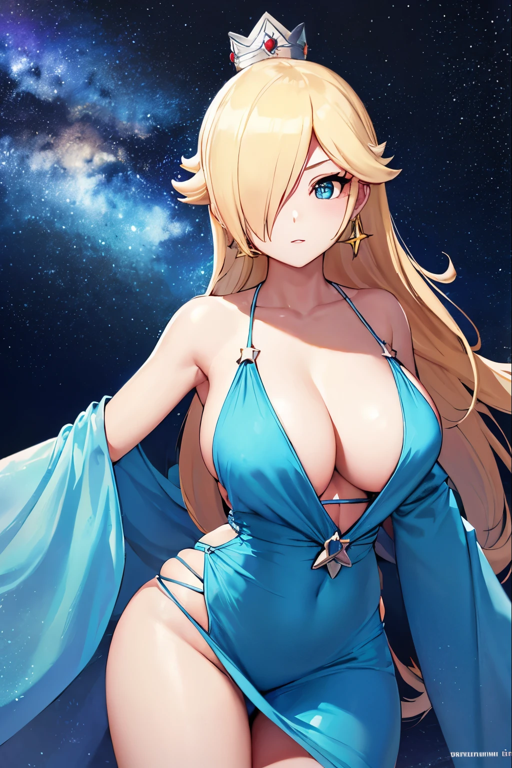 Rosalina, Rosalina, Blonde hair, blue eyes, hair over one eye, long hair, blue bikini BREAK, high waist panties, crown, dress, earrings, jewelry, princess, cape, star earrings, BREAK night, night sky, sky , star \(sky\), star \(symbol\), space, sun, BREAK looking at the viewer, (cowboy photo: 1.5), BREAK (art: 1.2), best quality, high resolution, 8k unity wallpaper , (art: 0.8), (beautiful detailed eyes: 1.6), extremely detailed face, perfect lighting, extremely detailed CG, (perfect hands, perfect anatomy),