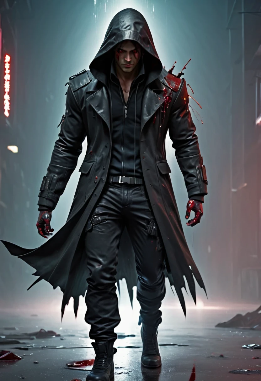 sh4g0d风格赛博朋克特工,Wearing an elegant black hooded jacket，(Strong dynamic stance:1.5)，(struggle:1.3)，(blood spatter)，Strong，His face is very determined， 8k, super detailed, precise, best quality