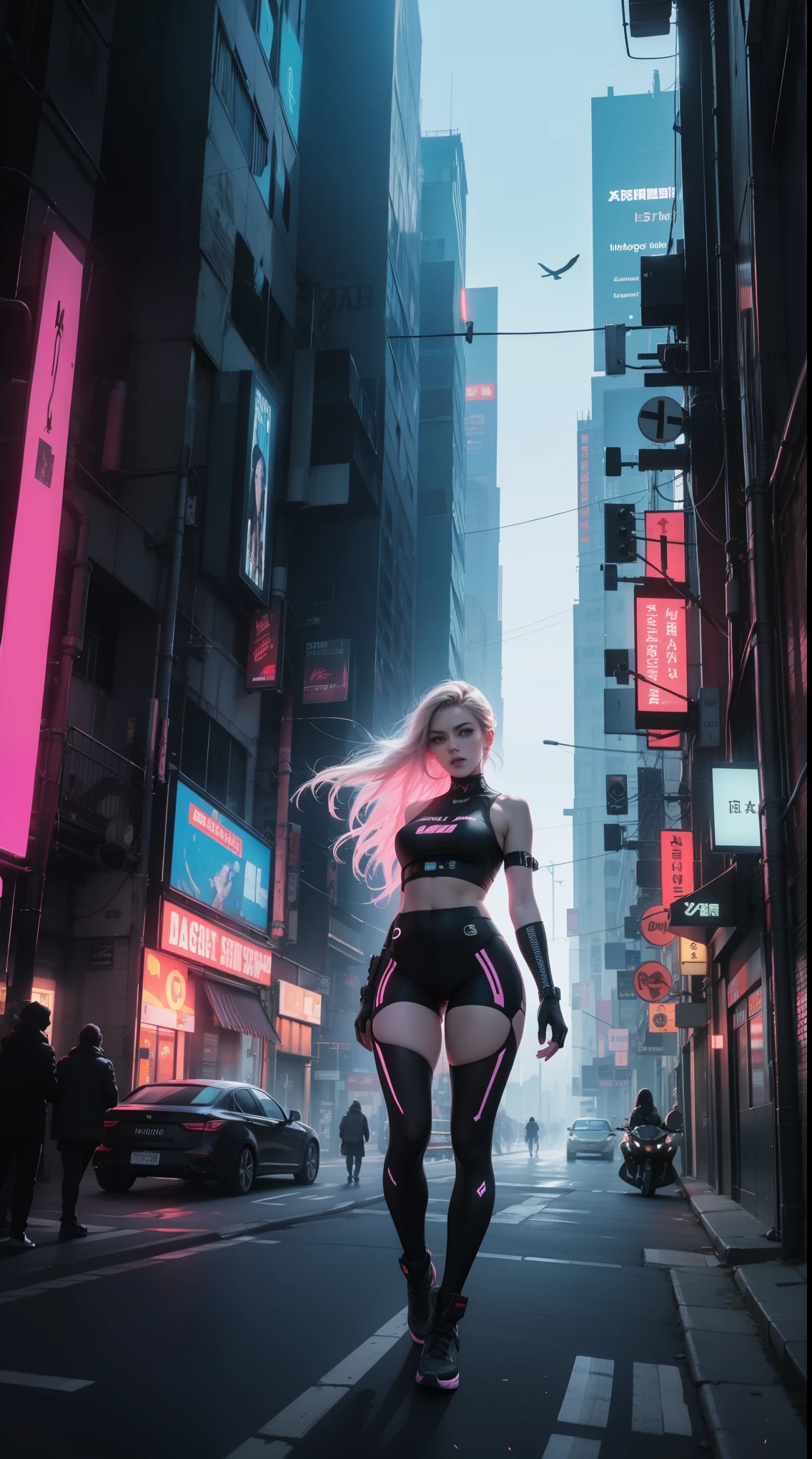 (best quality, ultra-detailed:1.2), vibrant colors, futuristic, digital art, vivid blue lighting, cyberpunk vibe, flowing hair, detailed eyes, electronic music, holographic display, urban landscape, city skyline, neon lights, energetic pose, dynamic composition, immersive atmosphere