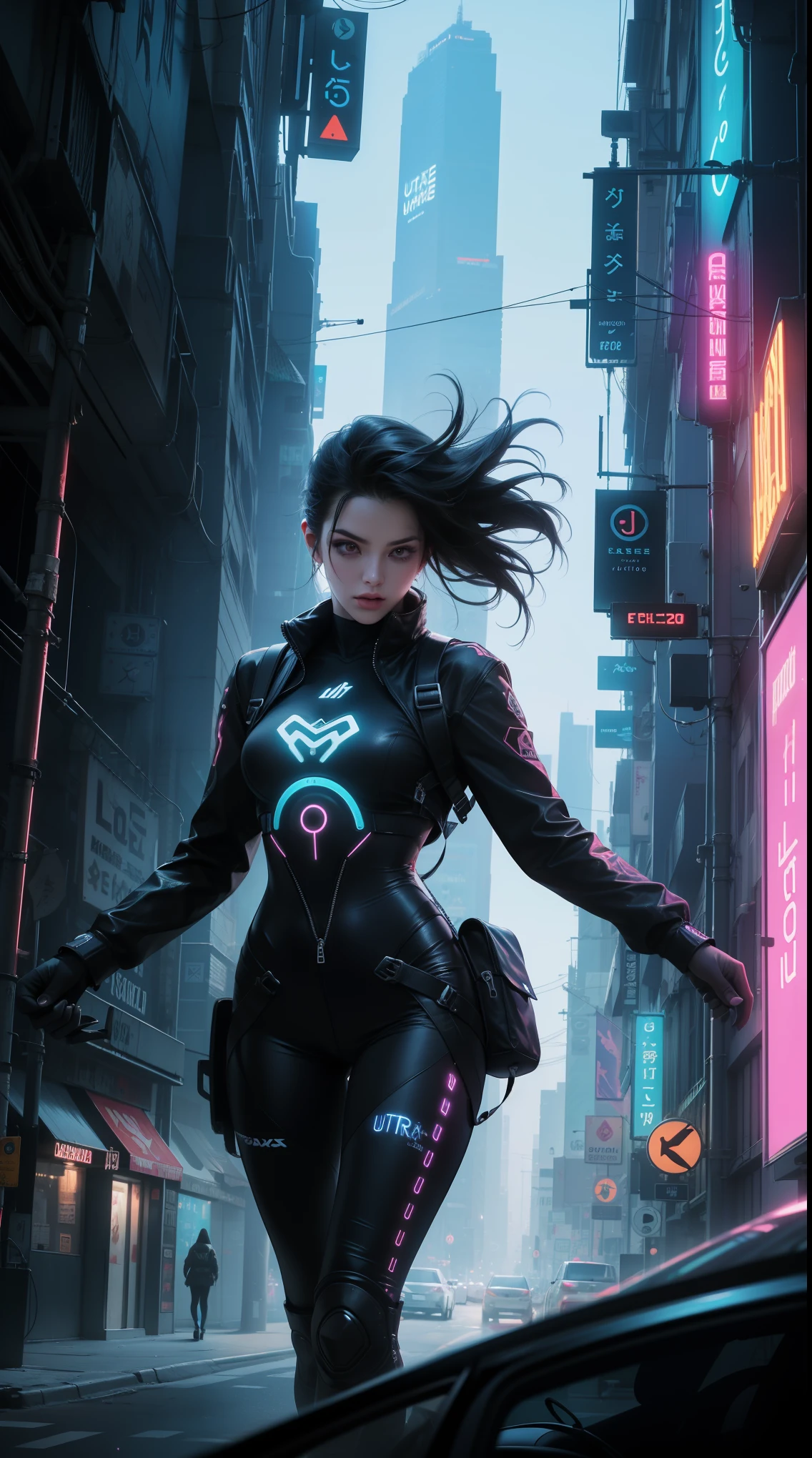 (best quality, ultra-detailed:1.2), vibrant colors, futuristic, digital art, vivid blue lighting, cyberpunk vibe, flowing hair, detailed eyes, electronic music, holographic display, urban landscape, city skyline, neon lights, energetic pose, dynamic composition, immersive atmosphere