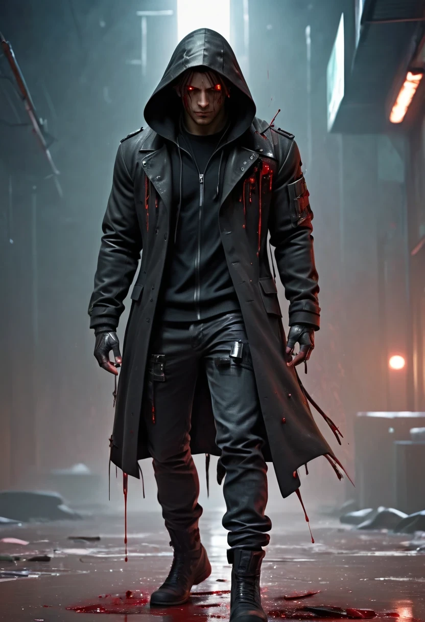 sh4g0d风格赛博朋克特工,Wearing an elegant black hooded jacket，(Strong dynamic stance:1.5)，(struggle:1.3)，(blood spatter)，Strong，His face is very determined， 8k, super detailed, precise, best quality