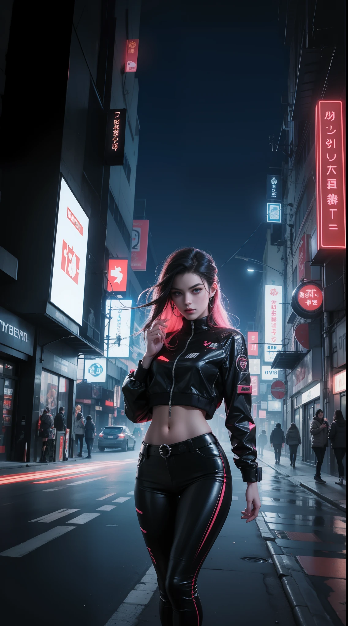 (best quality, ultra-detailed:1.2), vibrant colors, futuristic, digital art, vivid blue lighting, cyberpunk vibe, flowing hair, detailed eyes, electronic music, holographic display, urban landscape, city skyline, neon lights, energetic pose, dynamic composition, immersive atmosphere