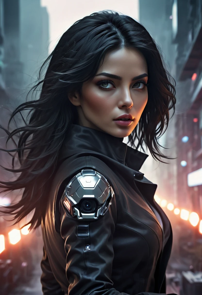 (best quality,4k,high resolution,super detailed,actual:1.37),future female agent, Detailed facial features, intense gaze, shiny black hair, Detailed futuristic silver pistol,,wearing black coat,, Stylish and well-fitting, dynamic action poses, Light, futuristic city background, neon Lights, Sci-fi atmosphere, strong shadow, smoke and fog, High-tech products, 神秘的Light环