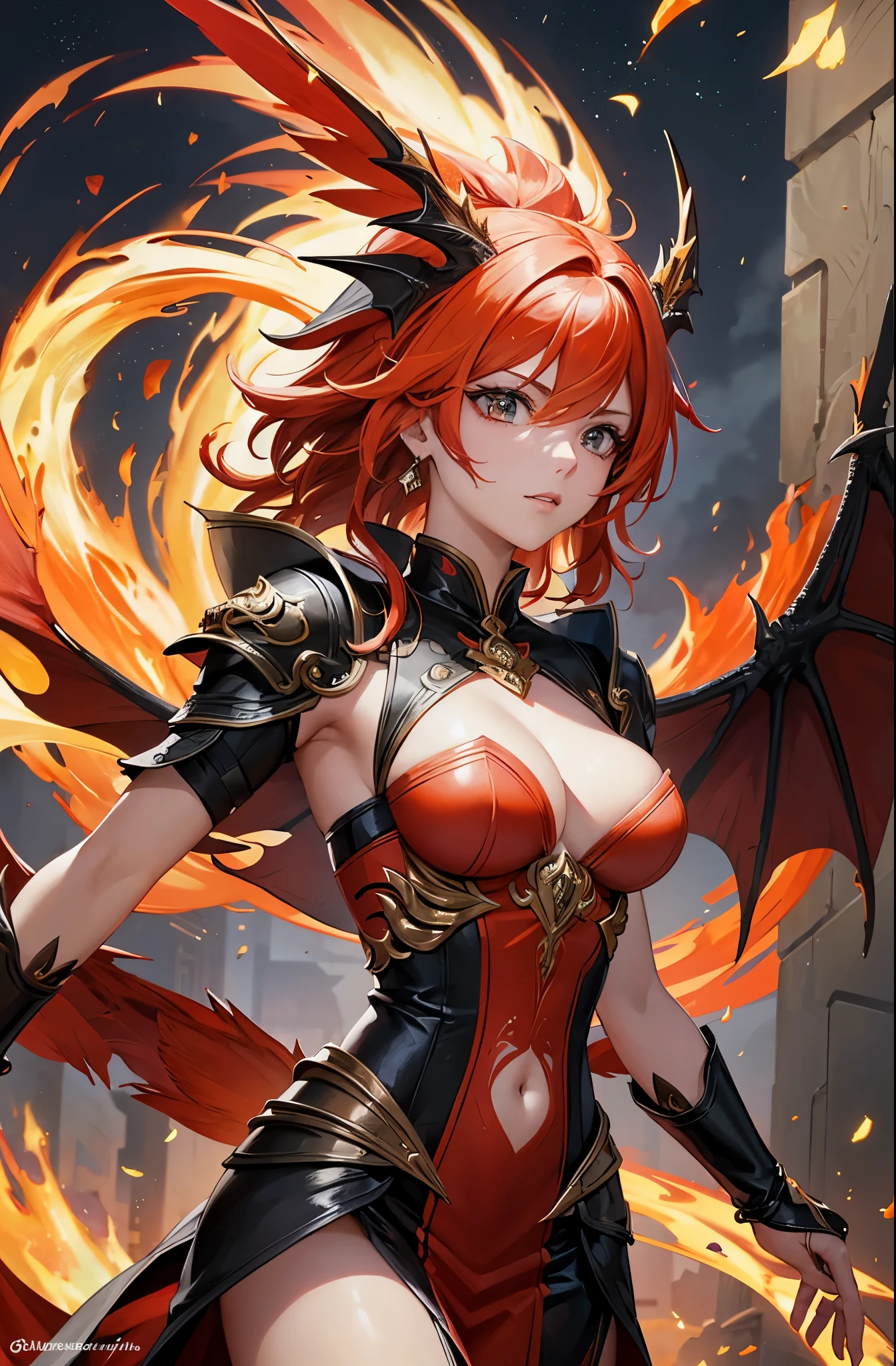 majestic female character with fiery plumage and dragon-like scales, beautiful, capable of breathing flames with graceful agility, embodying the eternal cycle of destruction and rebirth.
