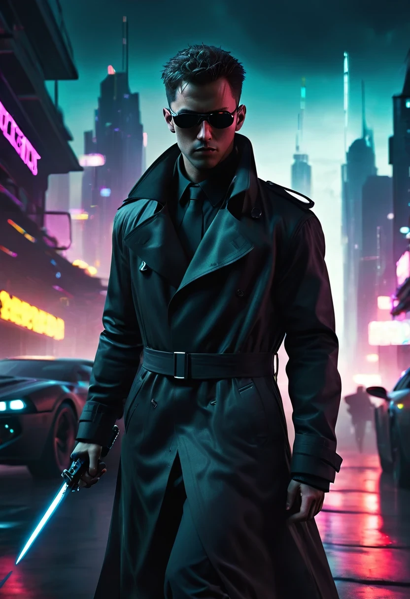 Wide-angle lens, cool, as.H.I.and.L.d. agent., black eyes, There is a sword on his back, Wearing a black trench coat, 站在霓虹灯and飞行汽车的未来城市景观前, 8k, cyberpunk,sharp focus, (subsurface scattering:1.1), Winning photo, Full body image:1.1, Serious, Scary expression, dramatic lighting,his lips tightly closed,andyes are nervous. The situation is dangerous and serious. colored. hazy atmosphere. 充满神秘and阴谋的气氛. cyberpunk,