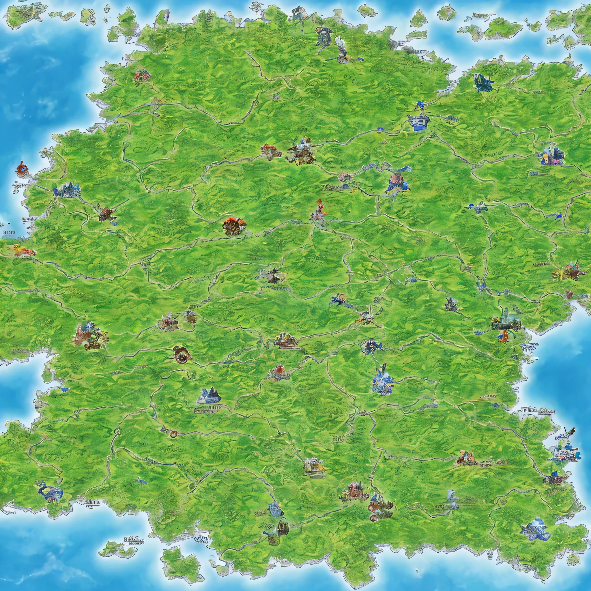 MMORPG anime fantasy game-map, map of game world, masterpiece, ready player one, swordart online, landmark castles and monuments, atlantis