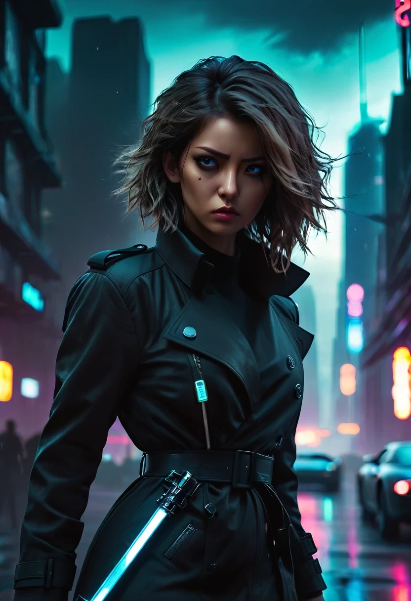 Wide-angle lens, cool, as.H.I.and.L.d. agent., black eyes, There is a sword on his back, Wearing a black trench coat, 站在霓虹灯and飞行汽车的未来城市景观前, 8k, cyberpunk,sharp focus, (subsurface scattering:1.1), Winning photo, Full body image:1.1, Serious, Scary expression, dramatic lighting,his lips tightly closed,andyes are nervous. The situation is dangerous and serious. colored. hazy atmosphere. 充满神秘and阴谋的气氛. cyberpunk,