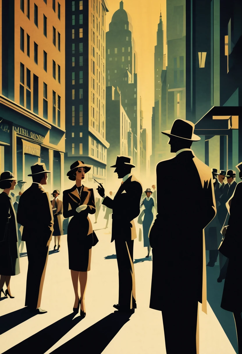 On a shadowy corner a woman exchanges information with the shadow of a secret agent, in the background a crowd of people on the streets of a city, art deco,