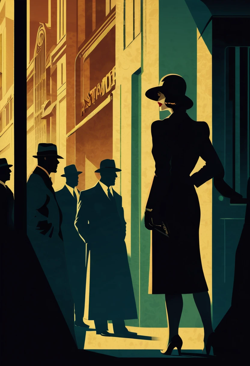 On a shadowy corner a woman exchanges information with the shadow of a secret agent, in the background a crowd of people on the streets of a city, art deco,