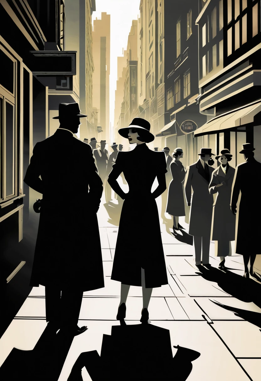 On a shadowy corner a woman exchanges information with the shadow of a secret agent, in the background a crowd of people on the streets of a city, art deco,