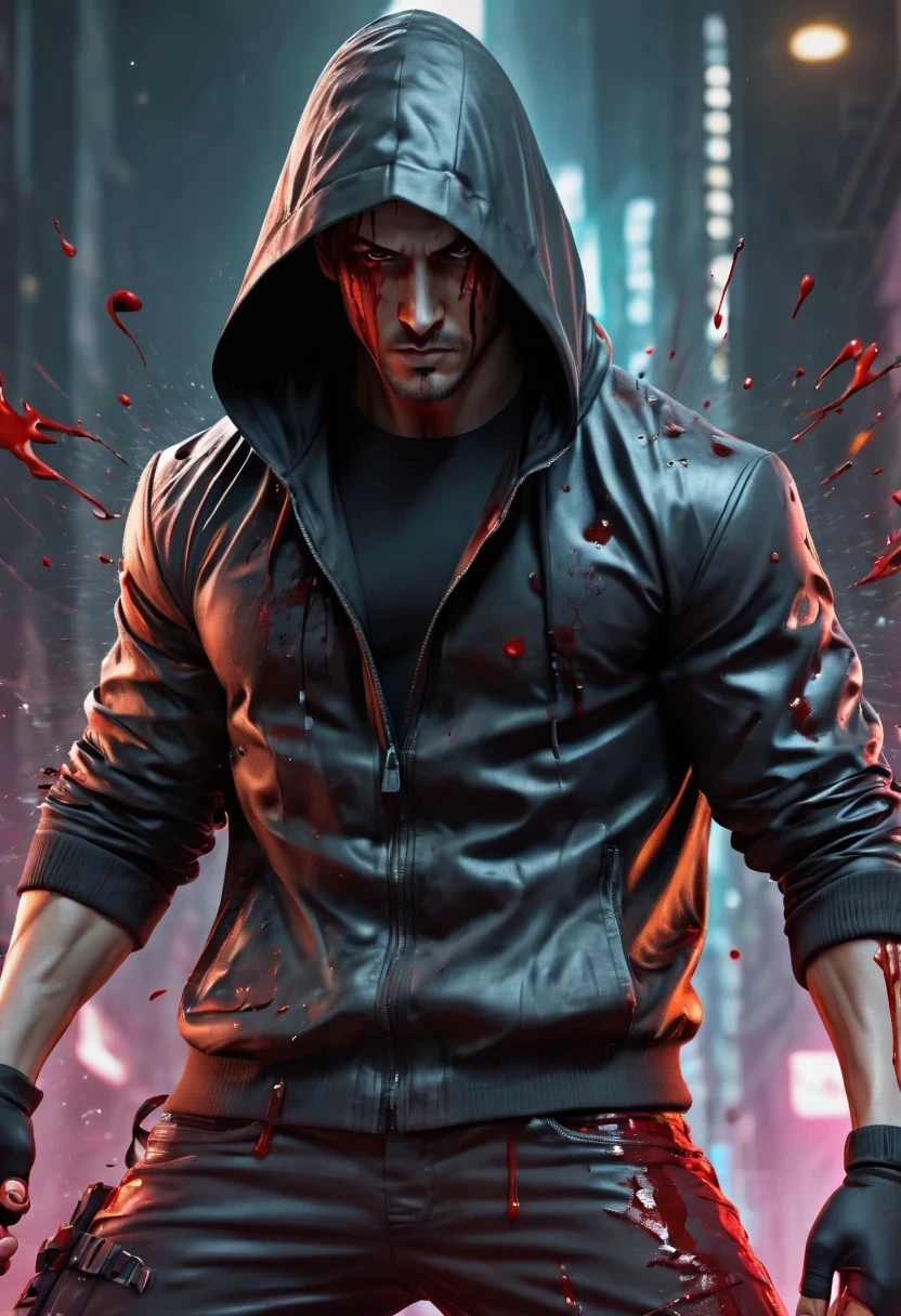 sh4g0d风格赛博朋克特工,There is a sword on his back, Wears a black hooded trench coat, ，(Strong dynamic stance:1.5)，(struggle:1.3)，(blood spatter)，Strong，His face is very determined， 8k, super detailed, precise, best quality