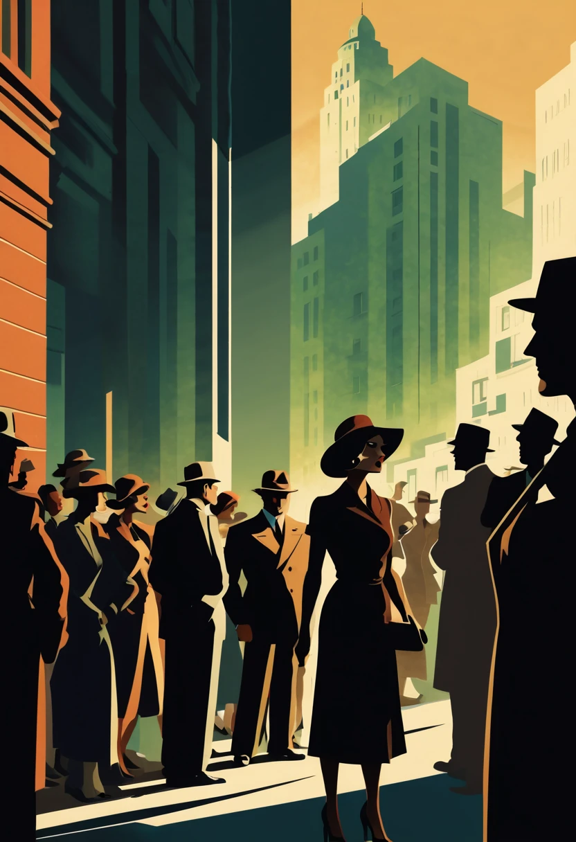 On a shadowy corner a woman exchanges information with the shadow of a secret agent, in the background a crowd of people on the streets of a city, art deco,
