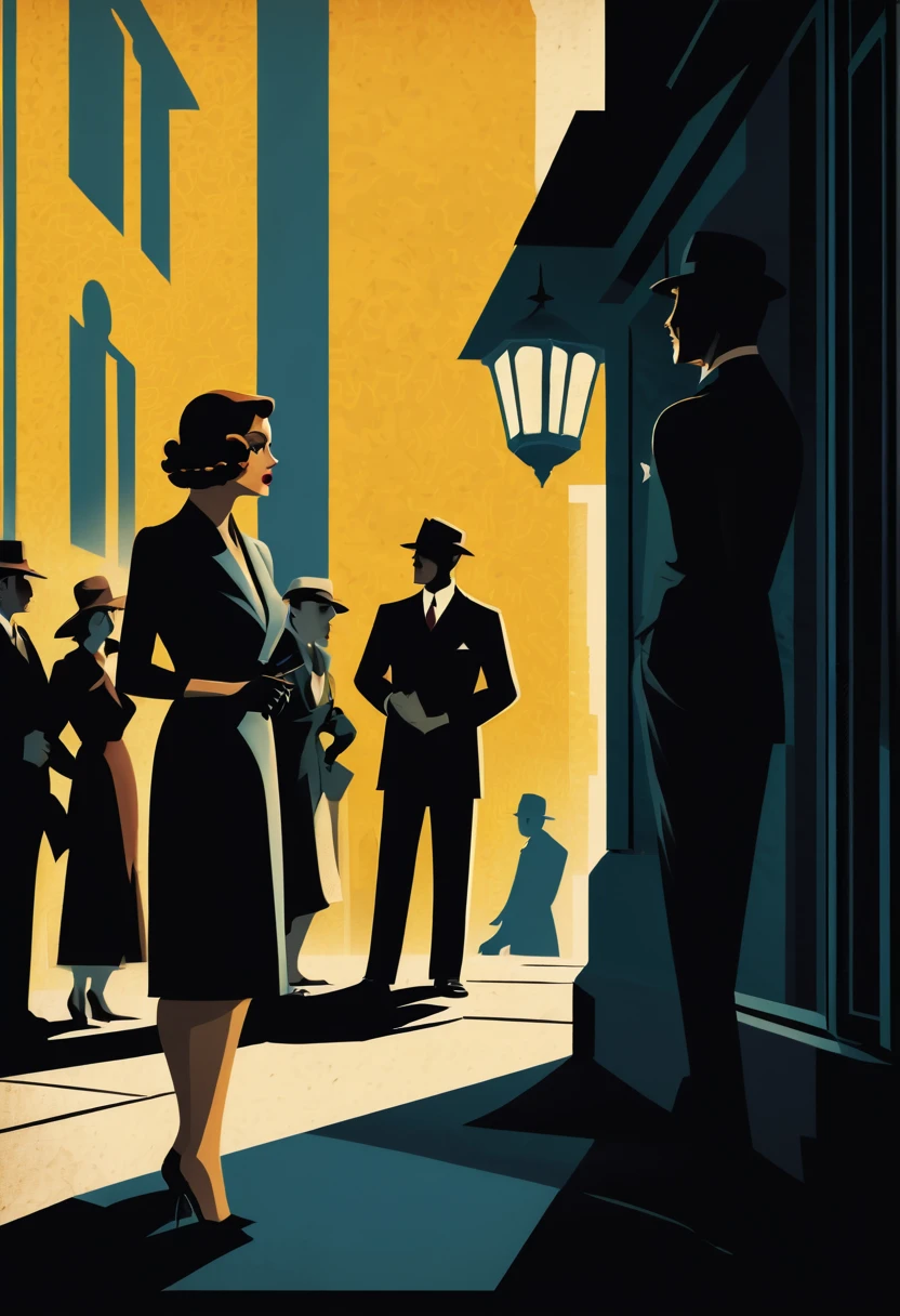 On a shadowy corner a woman exchanges information with the shadow of a secret agent, in the background a crowd of people on the streets of a city, art deco,