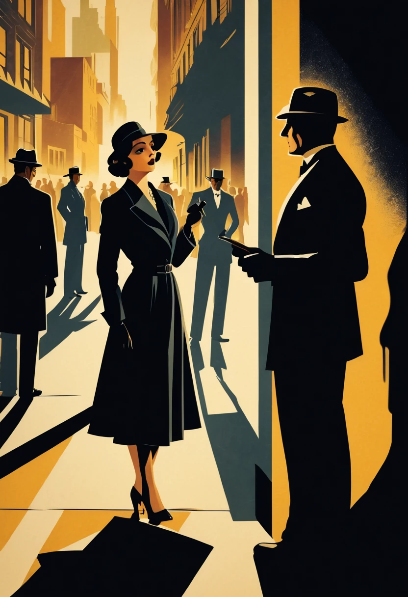 On a shadowy corner a woman exchanges information with the shadow of a secret agent, in the background a crowd of people on the streets of a city, art deco,