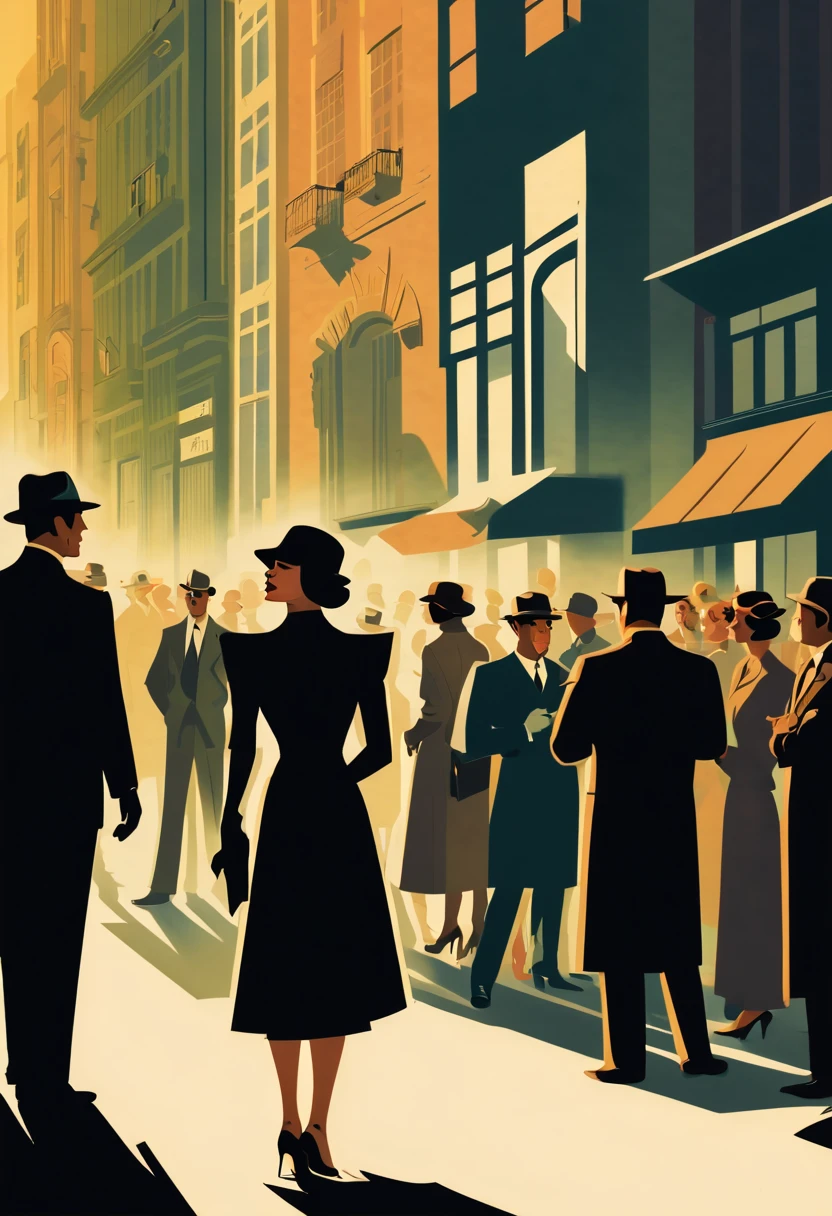 On a shadowy corner a woman exchanges information with the shadow of a secret agent, in the background a crowd of people on the streets of a city, art deco,