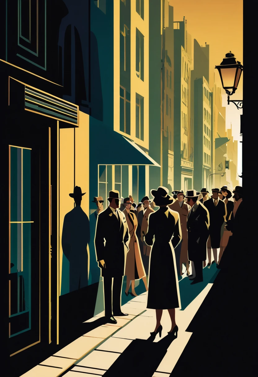 On a shadowy corner a woman exchanges information with the shadow of a secret agent, in the background a crowd of people on the streets of a city, art deco,