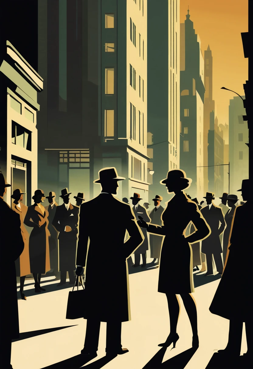 On a shadowy corner a woman exchanges information with the shadow of a secret agent, in the background a crowd of people on the streets of a city, art deco,