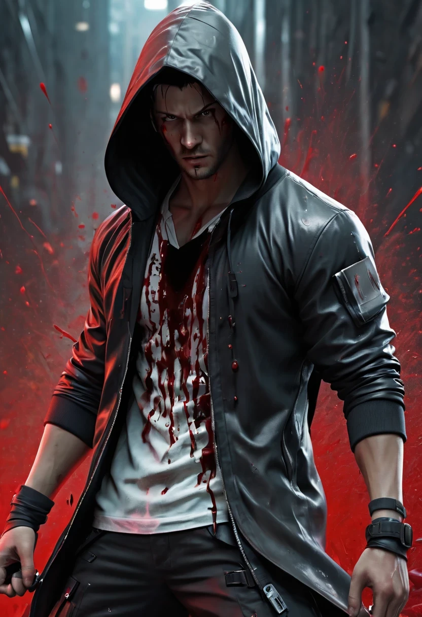 sh4g0d风格赛博朋克特工,There is a sword on his back, Wears a black hooded trench coat, ,(Strong dynamic stance:1.5),(struggle:1.3),(blood spatter),Strong,His face is very determined, 8k, super detailed, precise, best quality