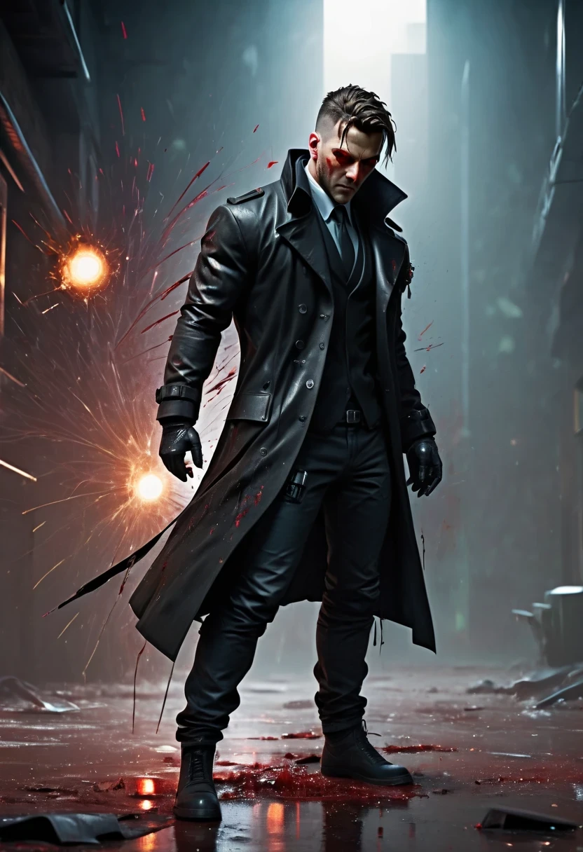 sh4g0d风格赛博朋克特工,Wear an elegant black coat,(Strong dynamic stance:1.5),(struggle:1.3),(blood spatter),Strong,His face is very determined, 8k, super detailed, precise, best quality