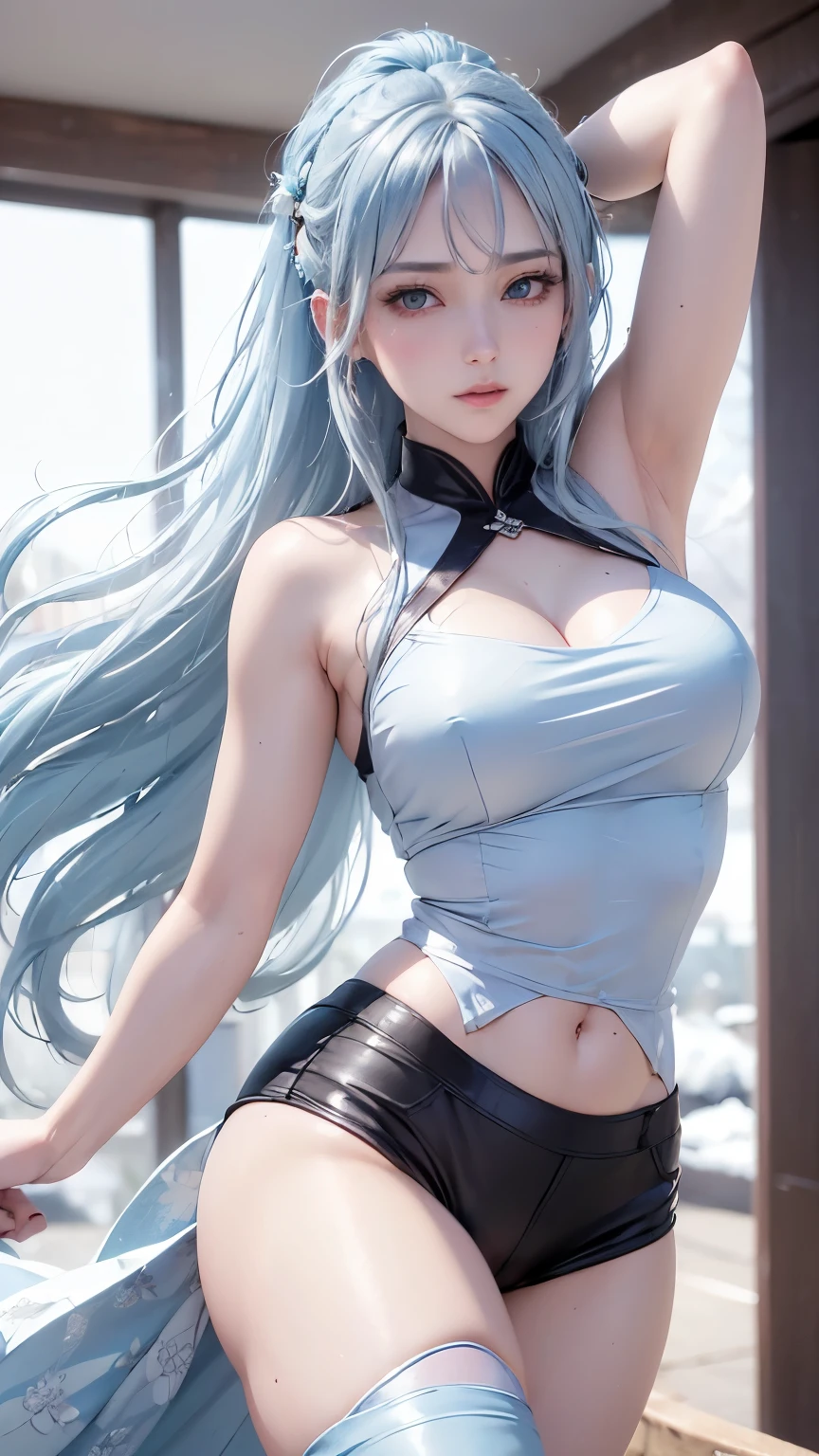 (logo、masterpiece、8k、table top、RAW photo、wonderful、最high quality、Photorealistic and hvery detailed CG integrated 8k wallpaper、high quality、very detailed、Narrative poem、particle effects、dynamic effects、written boundary depth、cinematic light、Lens flare、ray tracing)、fantasy、 (1 beautiful woman、light blue hair、beautiful face、real face、beautiful detailed eyes、beautiful skin、woman dancing gracefully:1.7、woman dancing gracefully:1.7)、Hair flutters in Wind、hair bounces、髪がWindで踊る、hair jump、halter neck、leather pants、leather jacket、silver earrings、night、Wind、darkness、雪とhoarfrost、very cold winter day、snow-capped mountainや森、hoarfrost、snow-capped mountain々、The beauty and brilliance of frost-covered trees、Serenity and beauty meadow of ice and snow world、vast land、Lakeside、wonderful景色、美しい自然のWind景、night空、Wind、cherry blossoms、cherry blossomsの花びらが舞っている、SakuraFubuki、falling petals