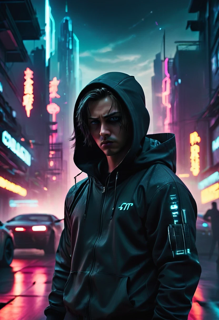 Wide-angle lens, cool, as.H.I.and.L.d. agent., black eyes, There is a sword on his back, Wears a black hooded trench coat, 站在霓虹灯and飞行汽车的未来城市景观前, 8k, cyberpunk，sharp focus, (subsurface scattering:1.1), Winning photo, Full body image:1.1, Serious, Scary expression, dramatic lighting,his lips tightly closed,andyes are nervous. The situation is dangerous and serious. colored. hazy atmosphere. 充满神秘and阴谋的气氛. cyberpunk,