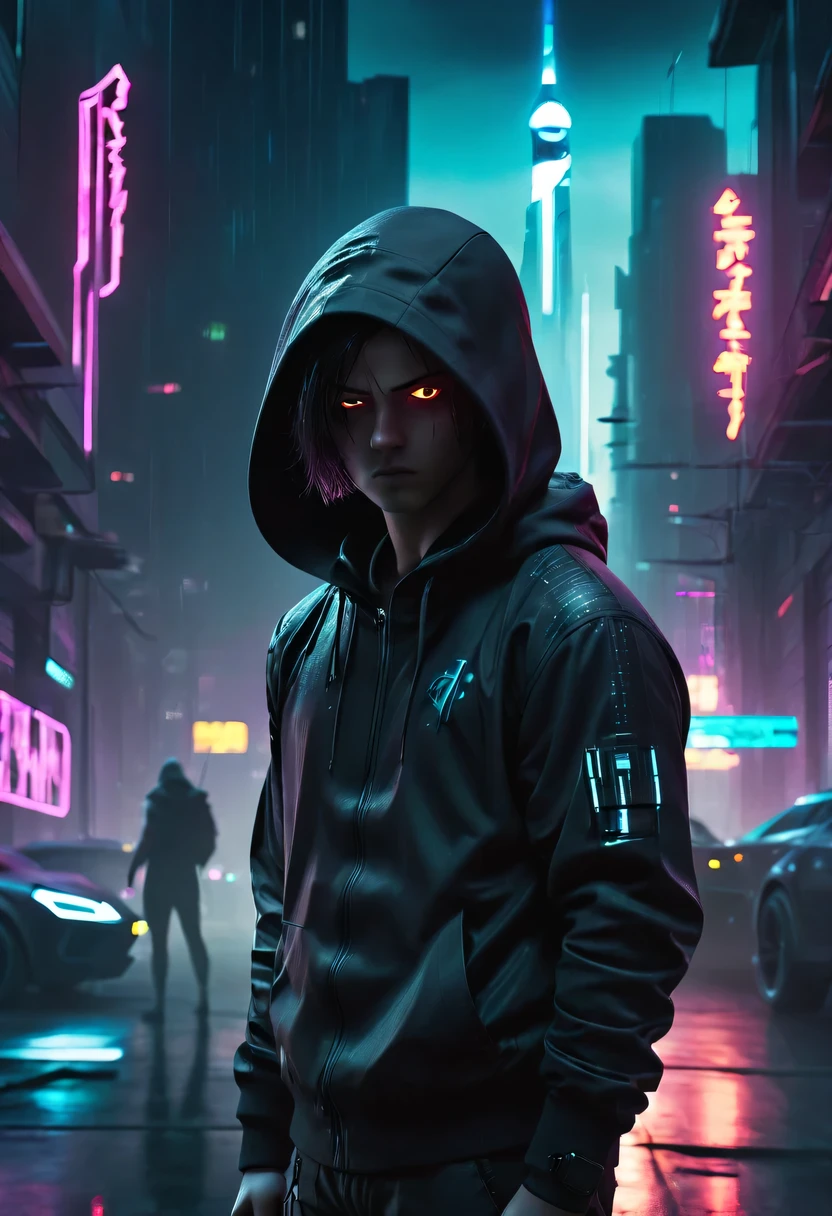 Wide-angle lens, cool, as.H.I.and.L.d. agent., black eyes, There is a sword on his back, Wears a black hooded trench coat, 站在霓虹灯and飞行汽车的未来城市景观前, 8k, cyberpunk,sharp focus, (subsurface scattering:1.1), Winning photo, Full body image:1.1, Serious, Scary expression, dramatic lighting,his lips tightly closed,andyes are nervous. The situation is dangerous and serious. colored. hazy atmosphere. 充满神秘and阴谋的气氛. cyberpunk,
