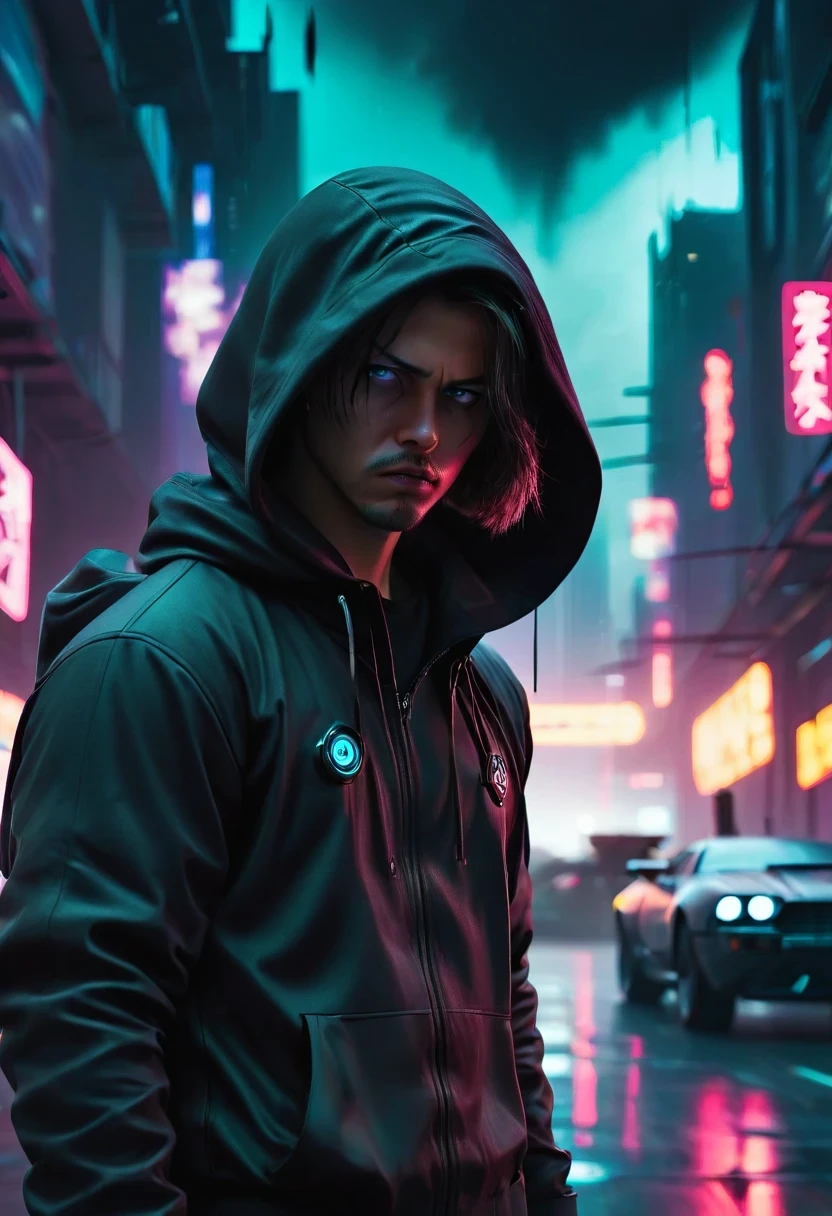 Wide-angle lens, cool, as.H.I.and.L.d. agent., black eyes, There is a sword on his back, Wears a black hooded trench coat, 站在霓虹灯and飞行汽车的未来城市景观前, 8k, cyberpunk,sharp focus, (subsurface scattering:1.1), Winning photo, Full body image:1.1, Serious, Scary expression, dramatic lighting,his lips tightly closed,andyes are nervous. The situation is dangerous and serious. colored. hazy atmosphere. 充满神秘and阴谋的气氛. cyberpunk,