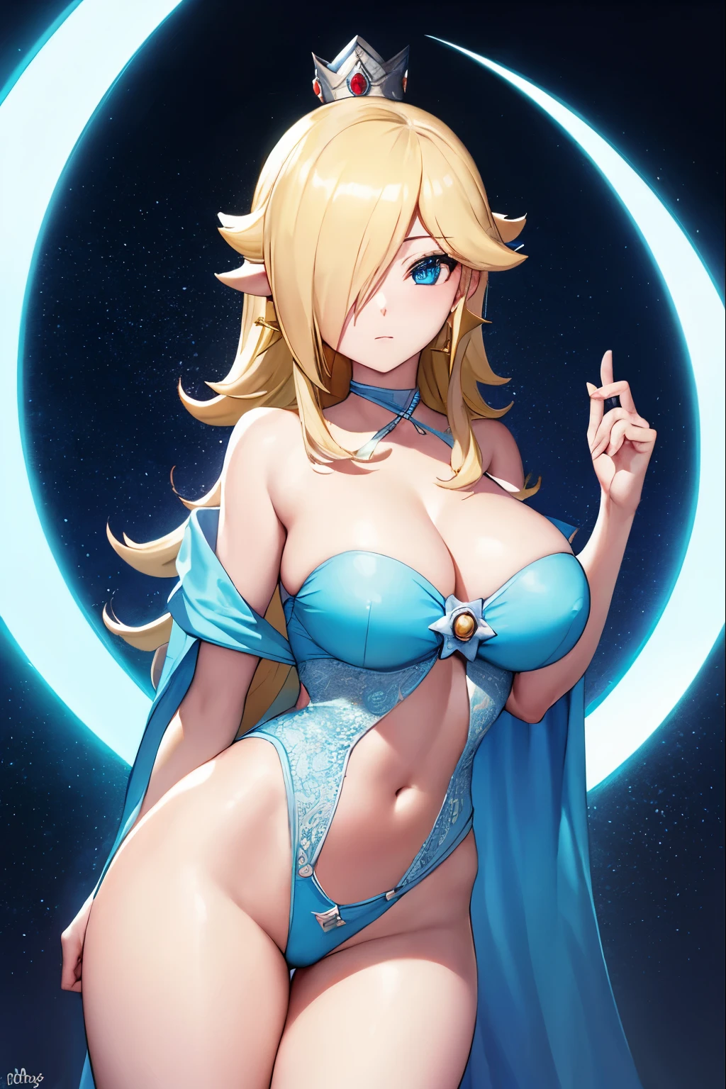 Rosalina, Rosalina, Blonde hair, blue eyes, hair over one eye, long hair, blue bikini BREAK, high waist panties, crown, dress, earrings, jewelry, princess, cape, star earrings, BREAK night, night sky, sky , star \(sky\), star \(symbol\), space, sun, BREAK looking at the viewer, (cowboy photo: 1.5), BREAK (art: 1.2), best quality, high resolution, 8k unity wallpaper , (art: 0.8), (beautiful detailed eyes: 1.6), extremely detailed face, perfect lighting, extremely detailed CG, (perfect hands, perfect anatomy),