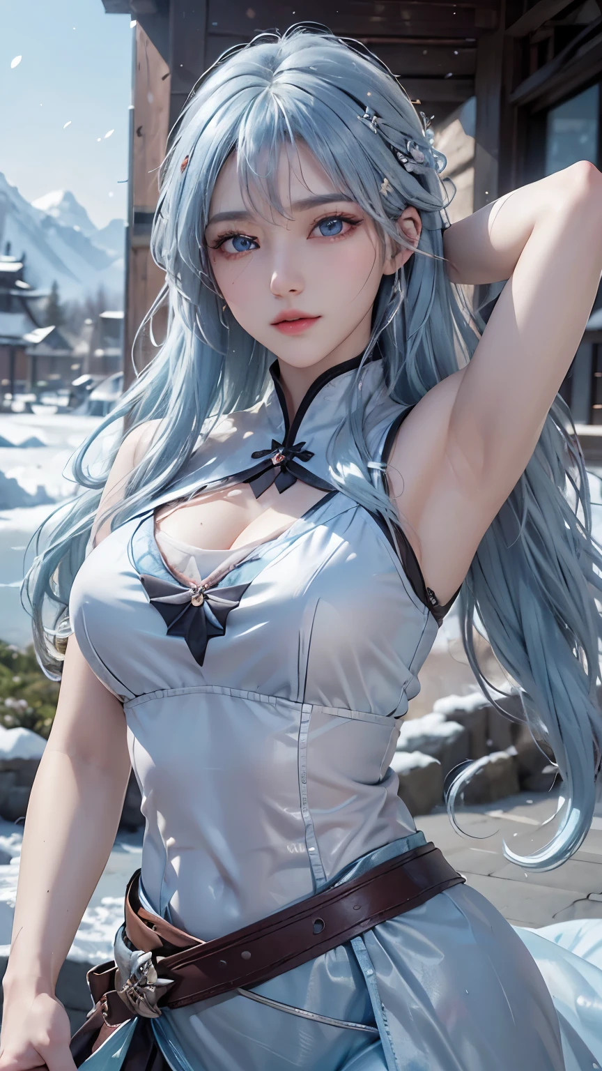 (logo、masterpiece、8k、table top、RAW photo、wonderful、最high quality、Photorealistic and hvery detailed CG integrated 8k wallpaper、high quality、very detailed、Narrative poem、particle effects、dynamic effects、written boundary depth、cinematic light、Lens flare、ray tracing)、fantasy、 (1 beautiful woman、light blue hair、beautiful face、real face、beautiful detailed eyes、beautiful skin、dancing woman:1.7、woman dancing gracefully:1.7)、Hair flutters in Wind、hair bounces、髪がWindで踊る、hair jump、halter neck、leather pants、leather jacket、silver earrings、night、Wind、darkness、雪とhoarfrost、very cold winter day、snow-capped mountainや森、hoarfrost、snow-capped mountain々、The beauty and brilliance of frost-covered trees、Serenity and beauty meadow of ice and snow world、vast land、Lakeside、wonderful景色、美しい自然のWind景、night空、Wind、cherry blossoms、cherry blossomsの花びらが舞っている、SakuraFubuki、falling petals