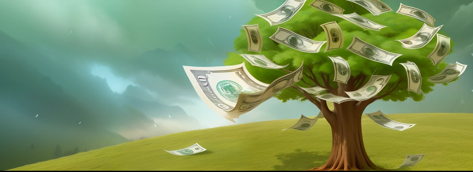 there is a tree with money growing on a hill, rich tree, money falling from the sky, papel de parede - 1 0 2 4, sorte inesperada, dollar bills floating, foto estilizada, Imagem bonita, por Igor Grabar, imagem renderizada, por Zahari Zograf, fortuna, istockphoto, promo image, garrison, raining dollars
